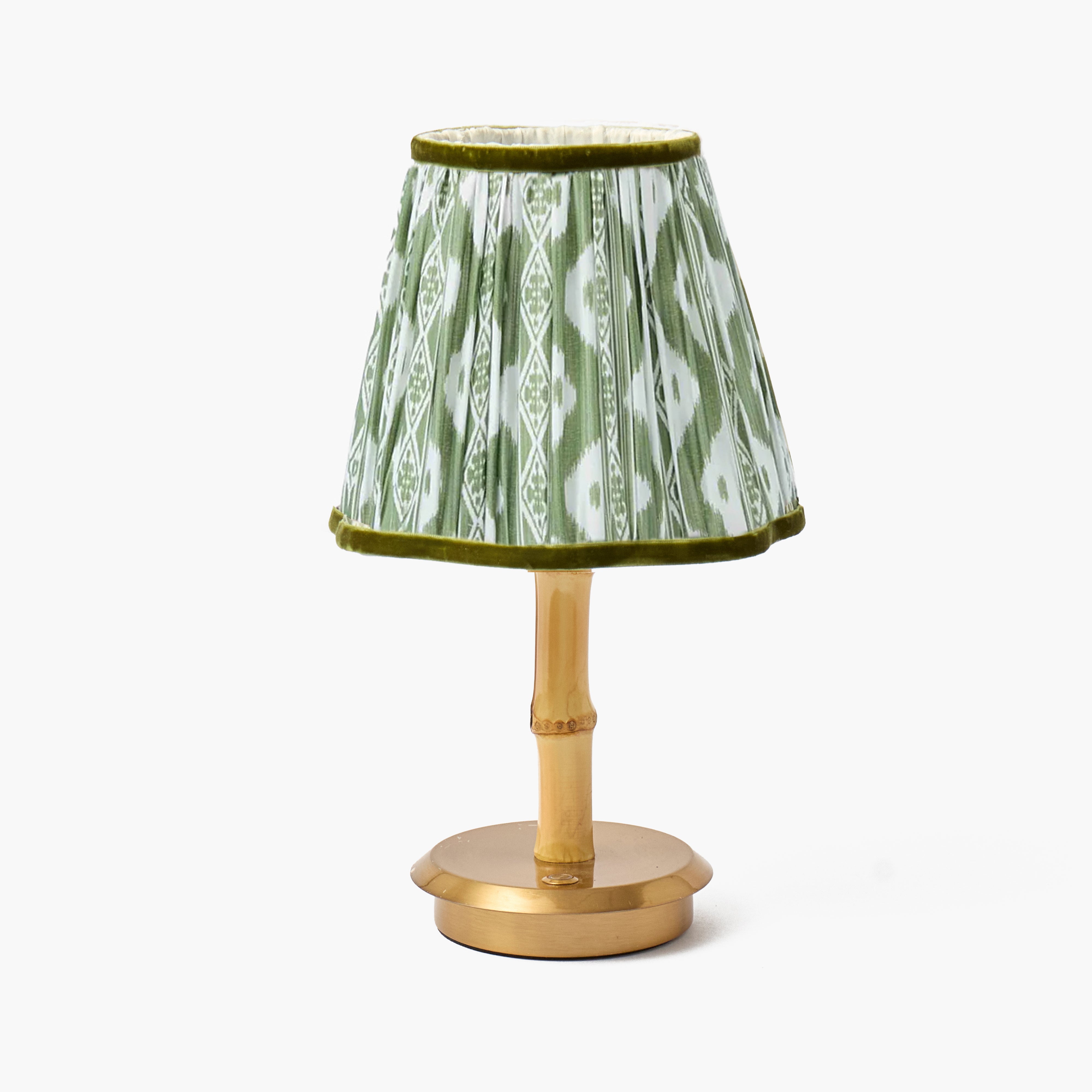 Bamboo Short Rechargeable Lamp with Olive Ikat Shade (18cm)