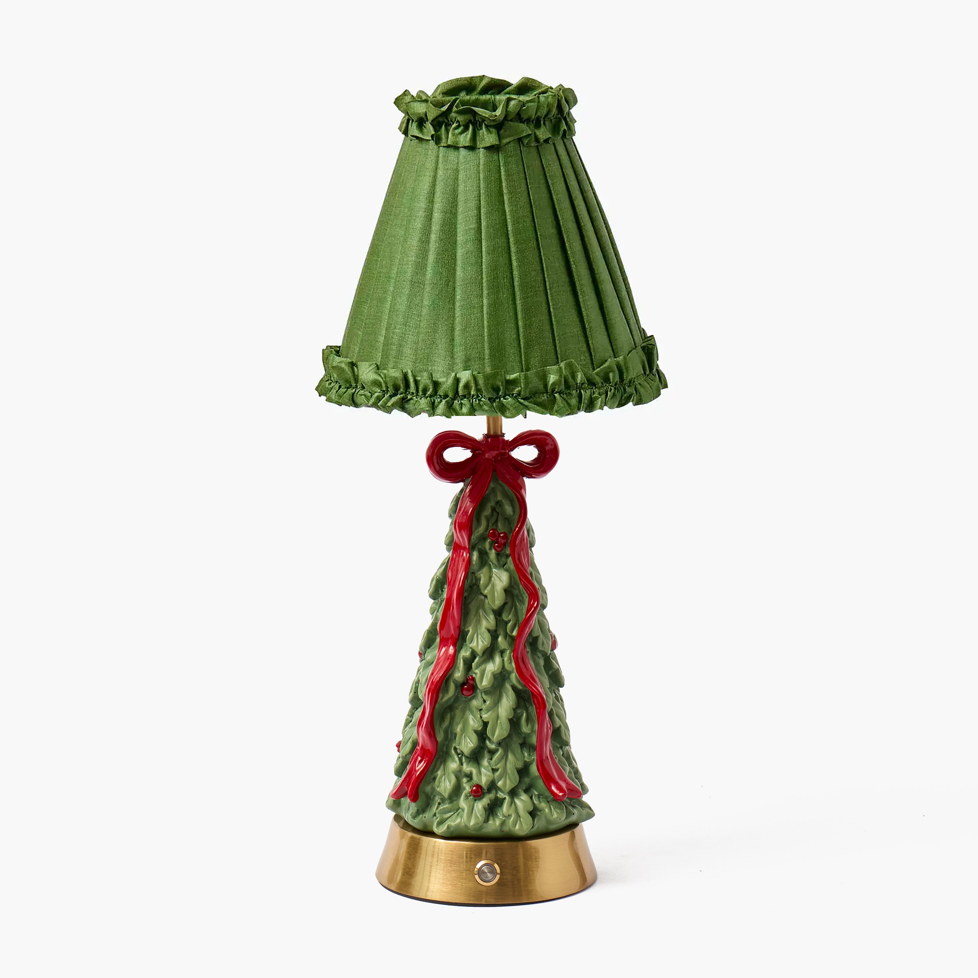 Ribboned Christmas Tree Rechargeable Lamp with Olive Frilled Silk Shade (18cm)