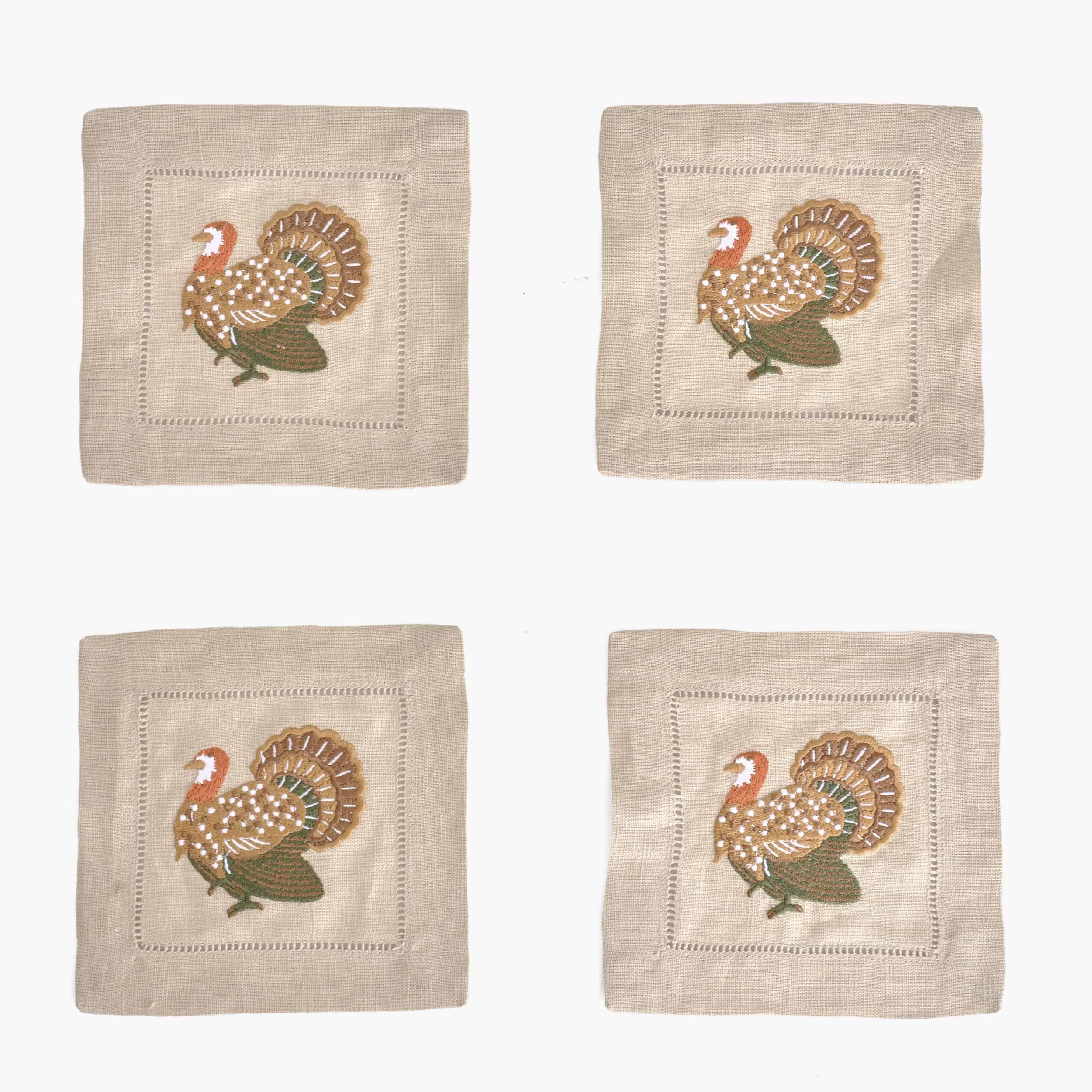 Taupe Turkey Embroidered Linen Cocktail Napkins (Set of 4)