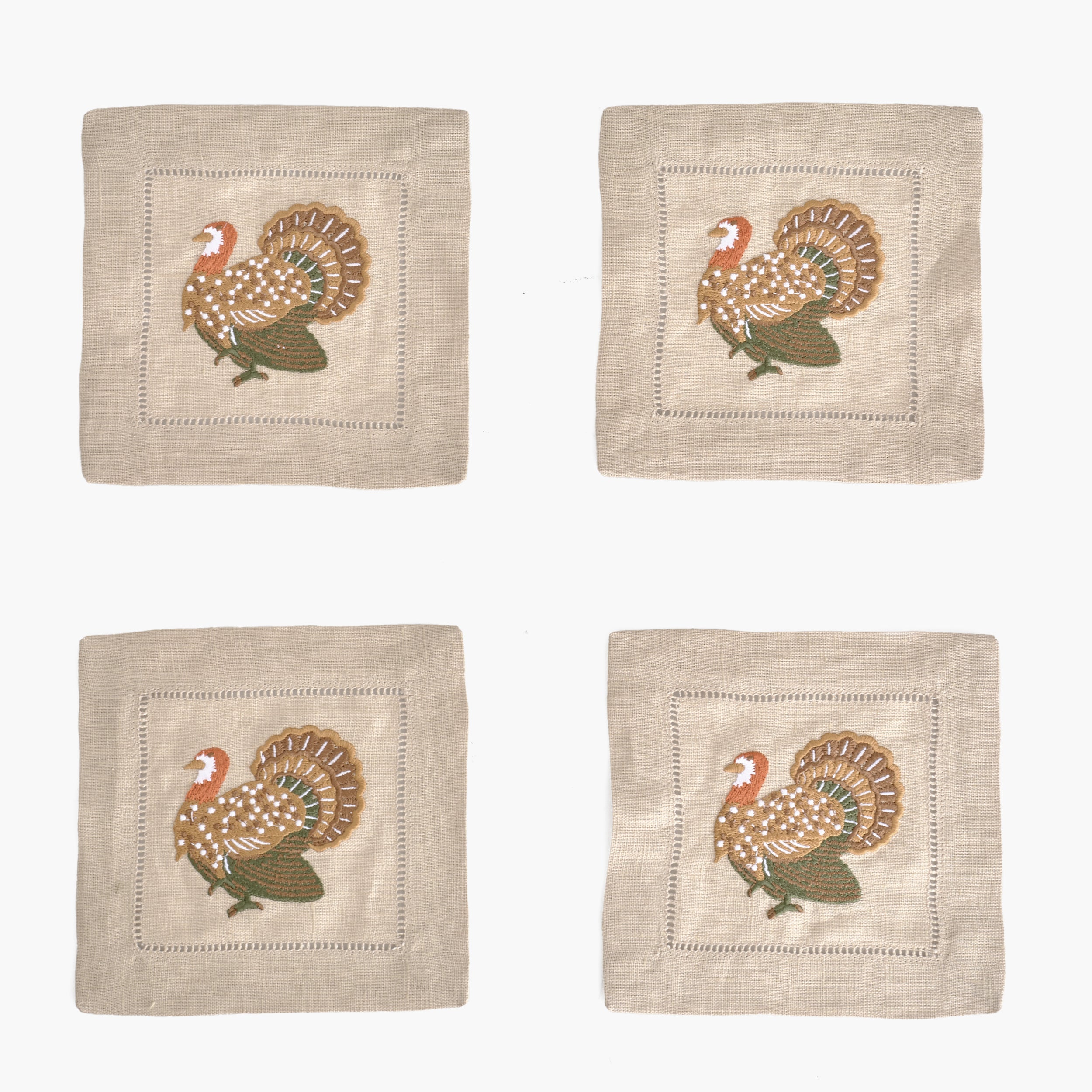 Taupe Turkey Embroidered Linen Cocktail Napkins (Set of 4)