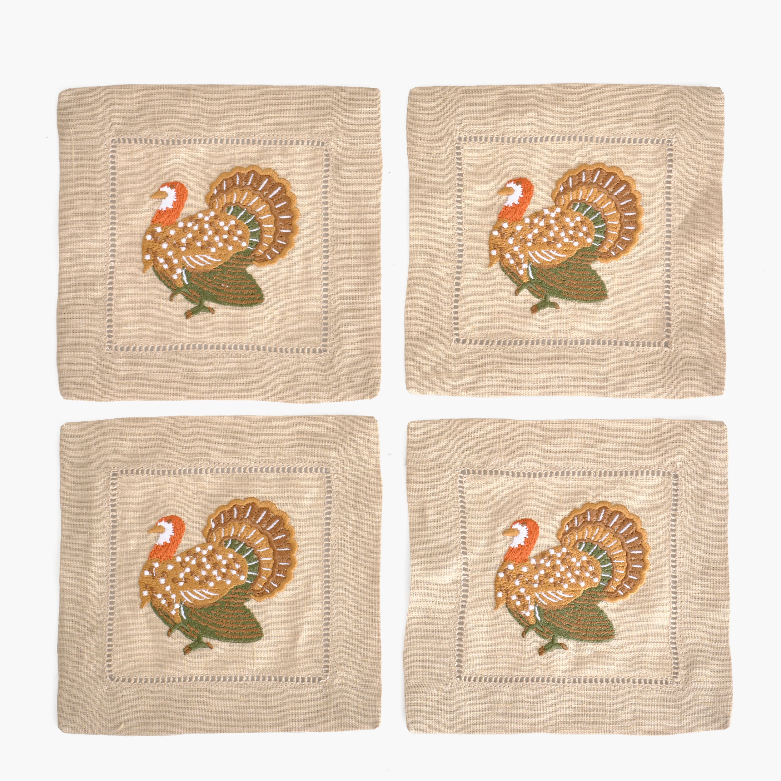 Taupe Turkey Embroidered Linen Cocktail Napkins (Set of 4)