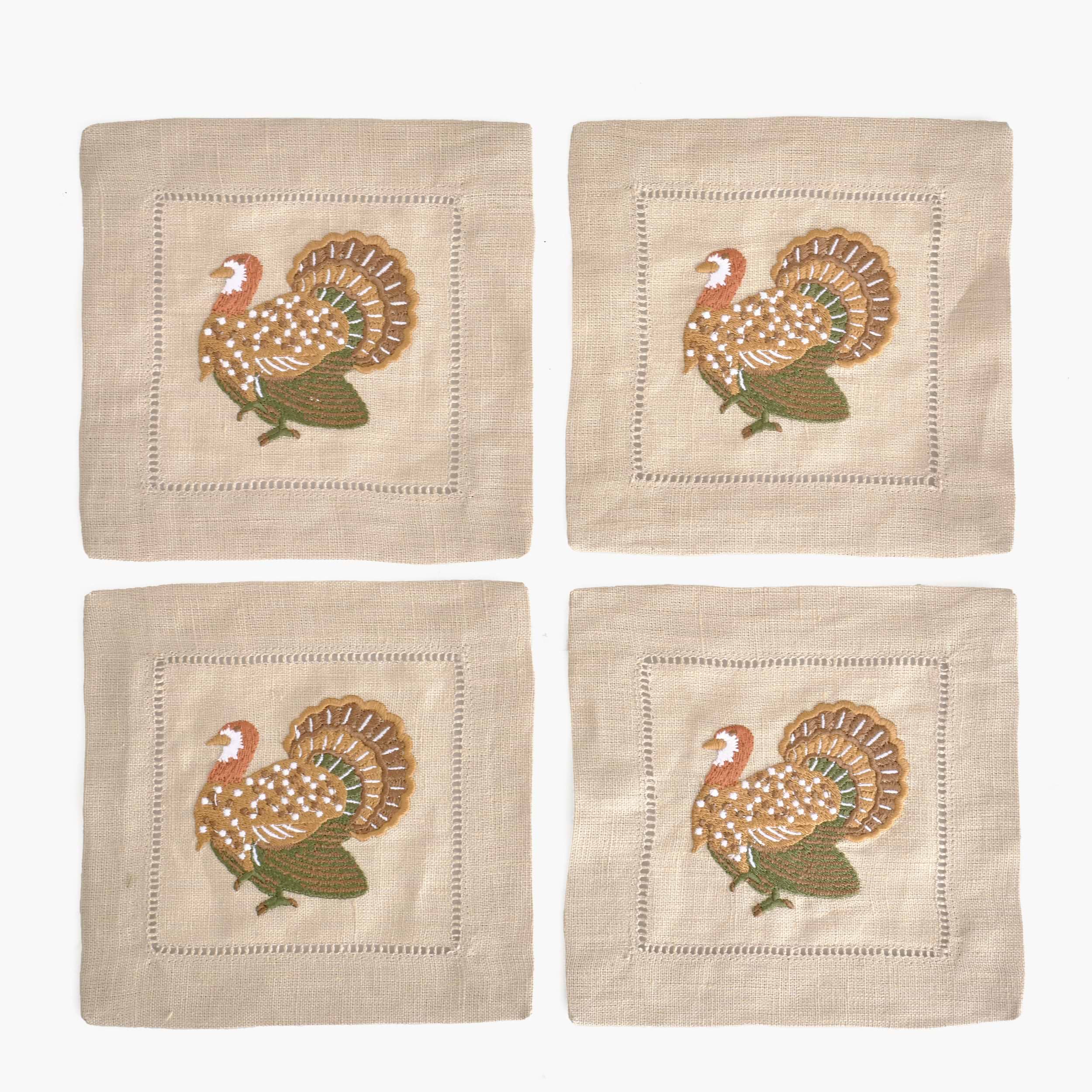 Taupe Turkey Embroidered Linen Cocktail Napkins (Set of 4)