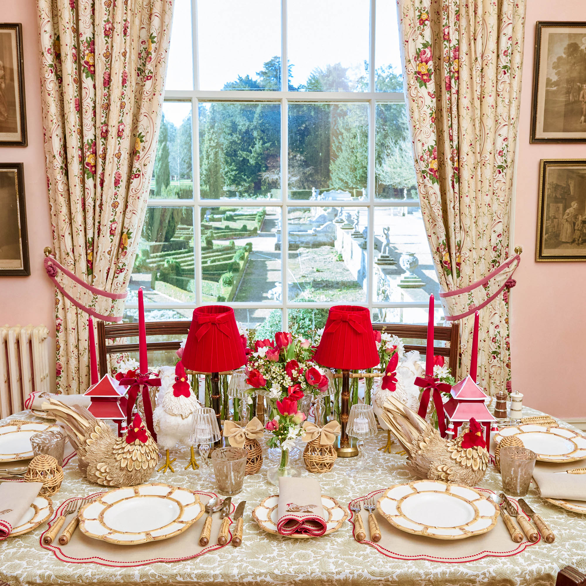 Eloise Putty & Red Linen Placemats & Henrietta Hen Napkins (Set of 4)