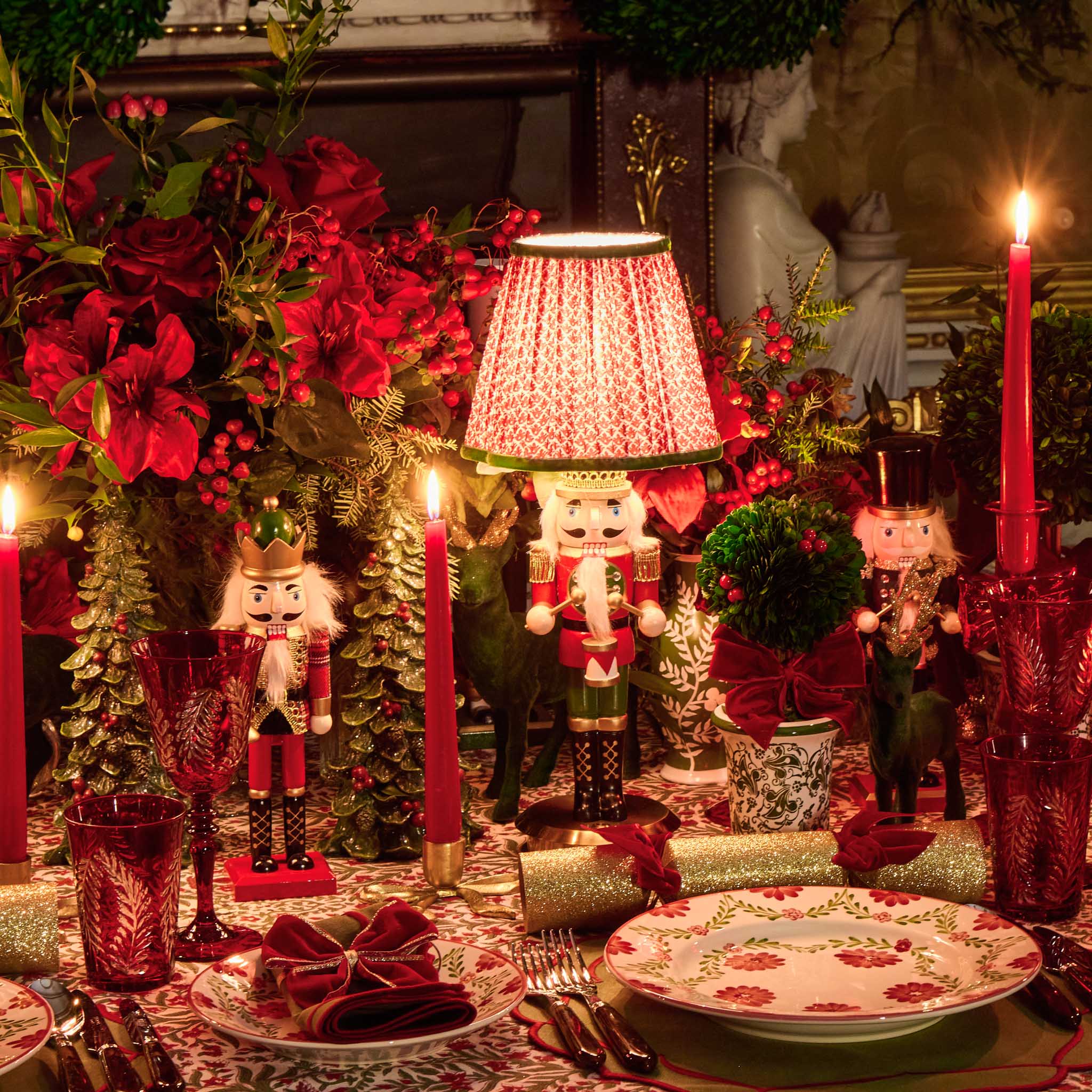 Red Nutcracker Rechargeable Lamp with Red & Olive Lotus Shade (18cm)