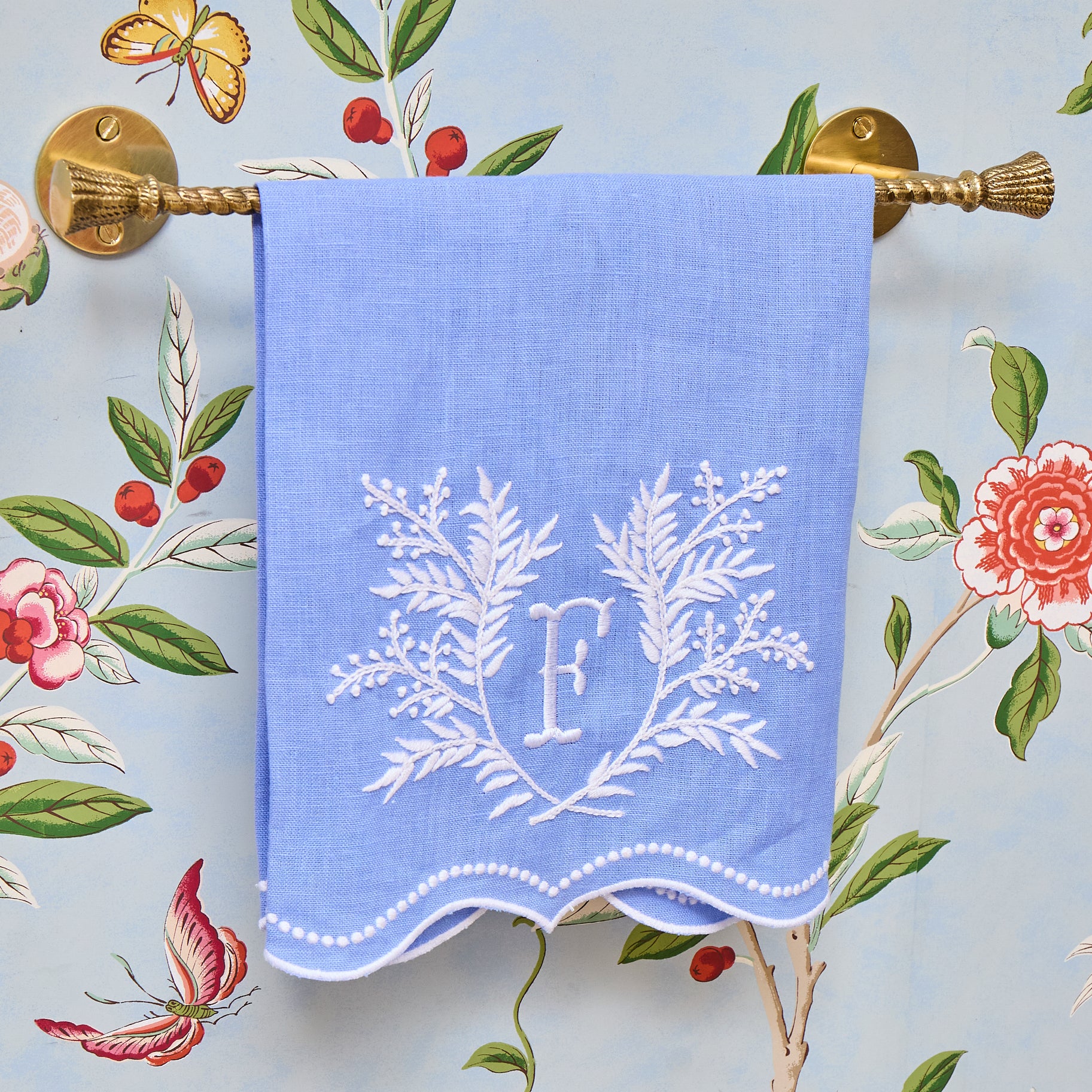 Blue Garland Embroidered Linen Hand Towel