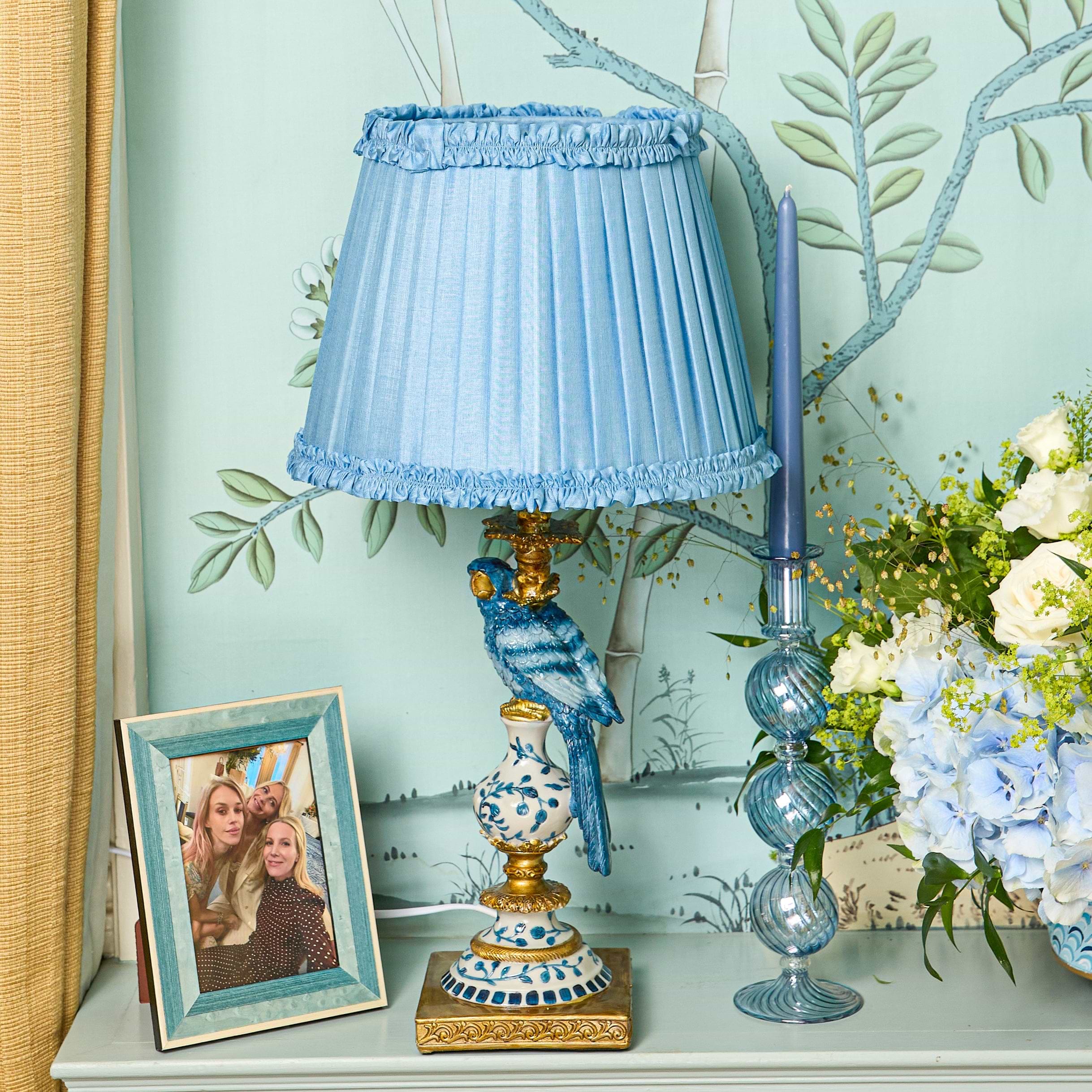 Blue Parrot Lamp with Soft Blue Frilled Silk Shade (30cm)