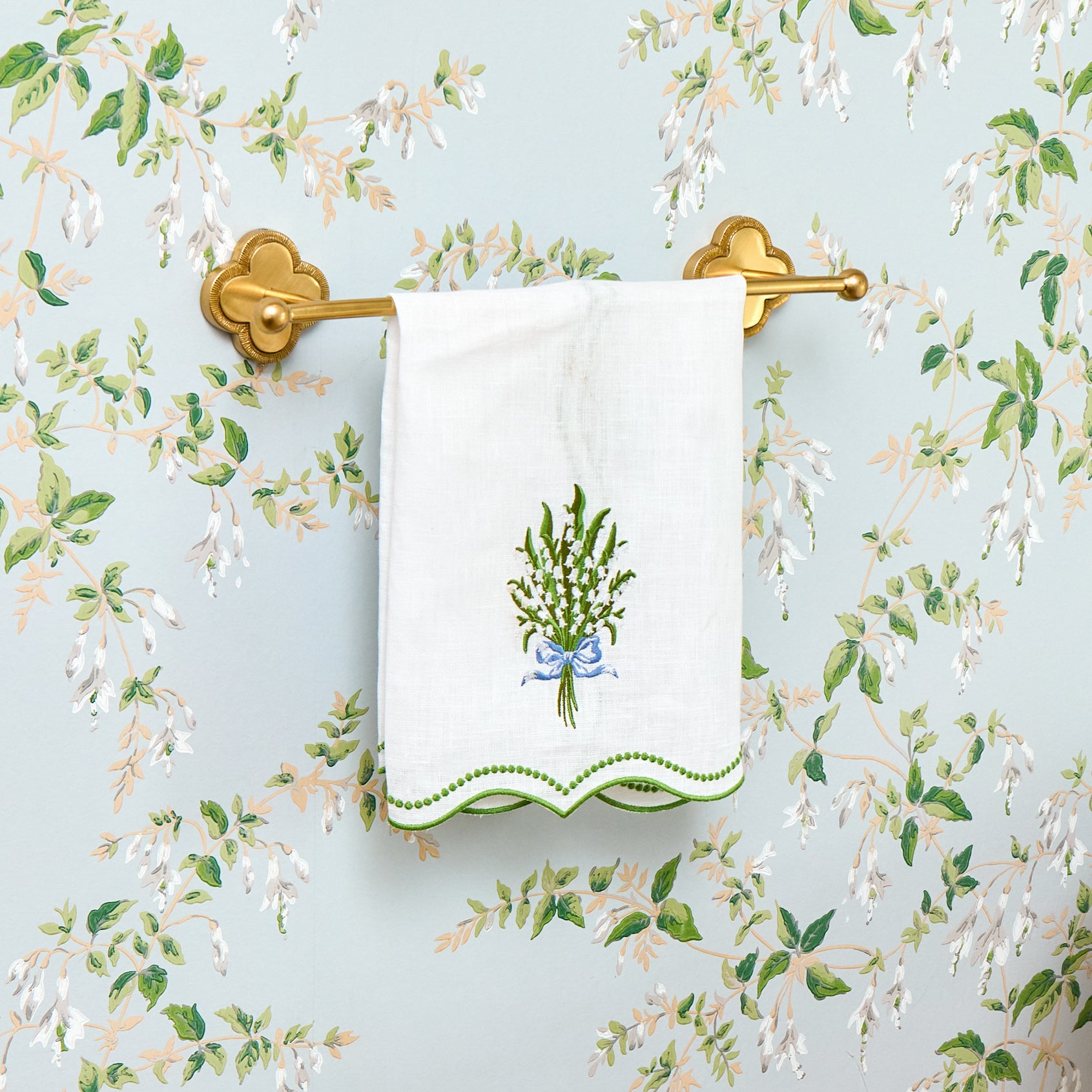 White Lily of the Valley Embroidered Linen Hand Towel