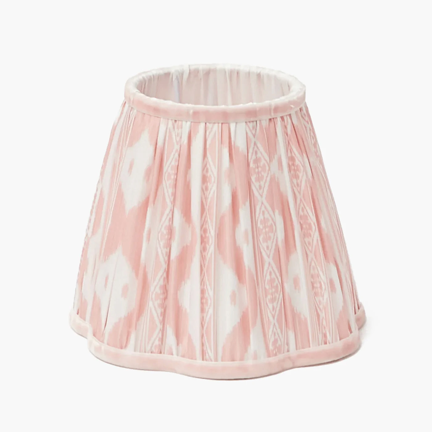 Pink and white patterned lampshade on a white background