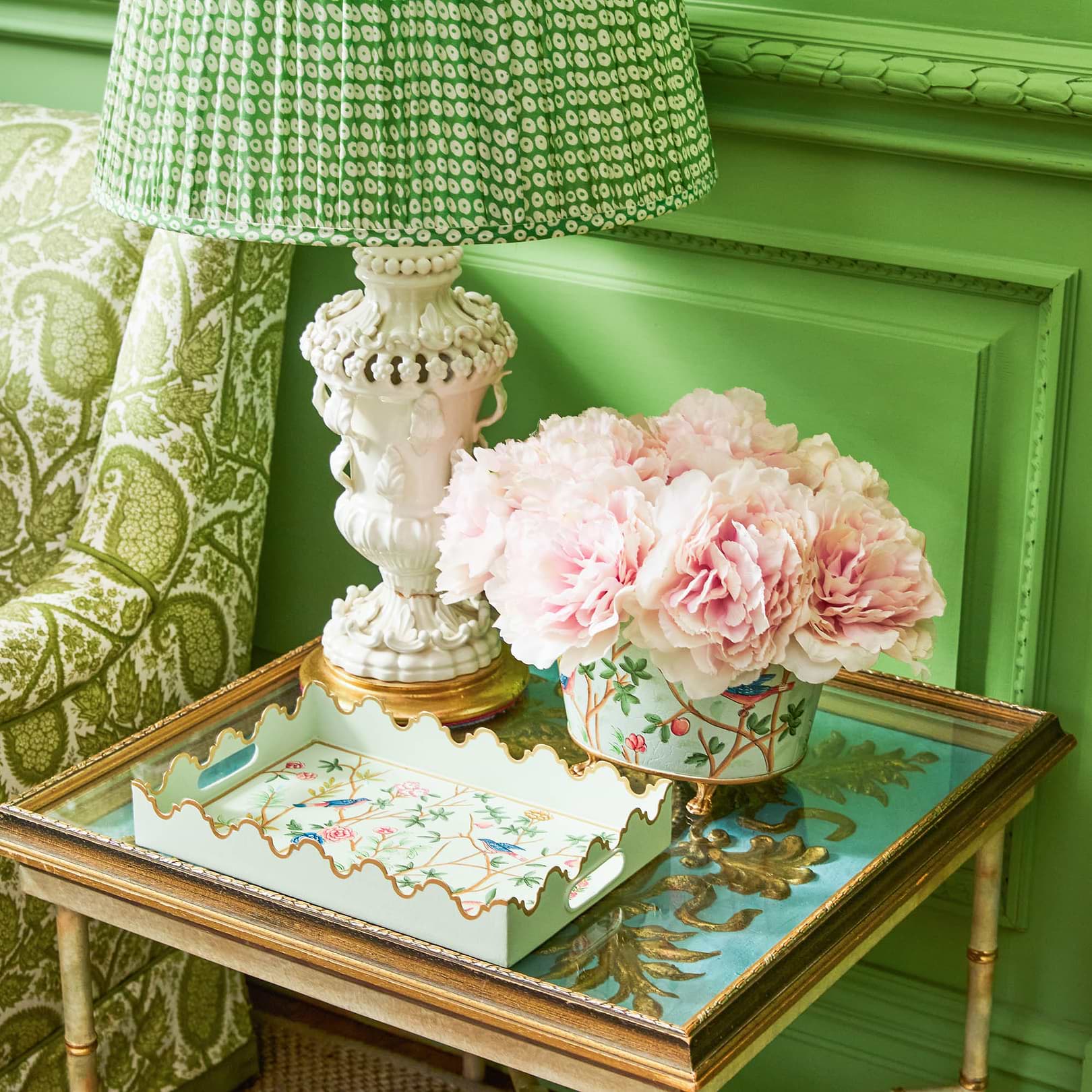 PORCELAINE DE PARIS／ポーセリン・ド・パリス 手彩花入／花器 Green Chinoiserie Tole Planter