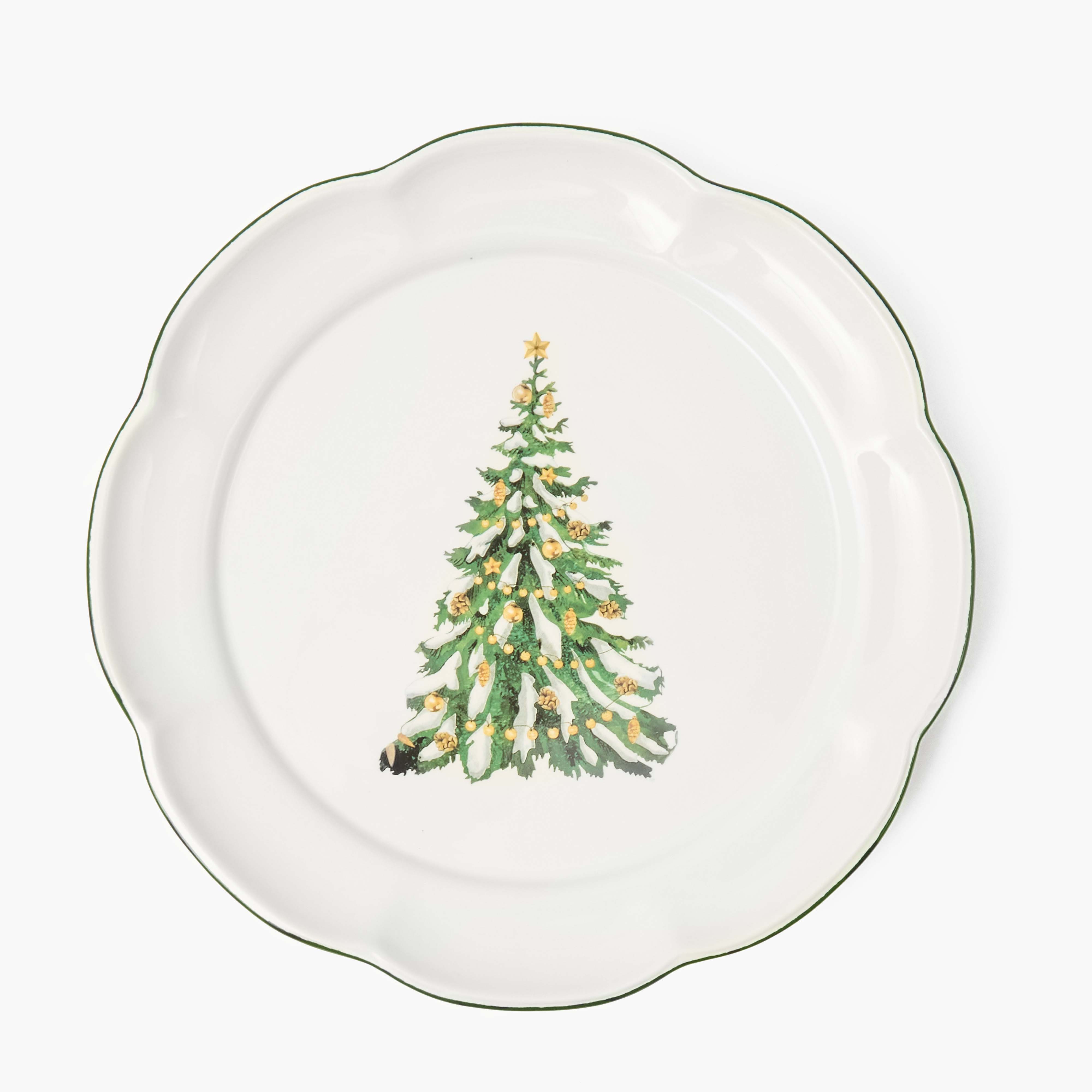 Decorative plate with a Christmas tree design on a white background