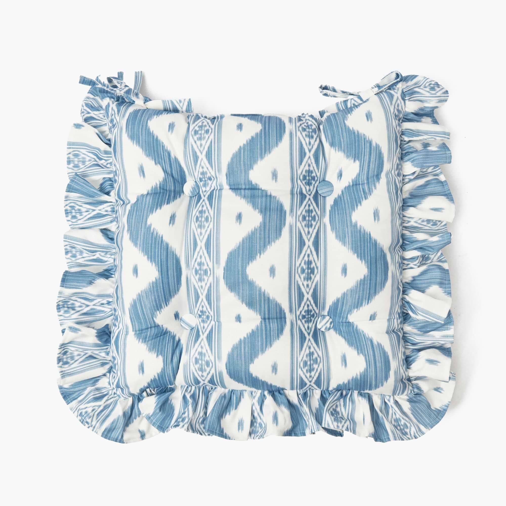 Frilled Blue Ikat Seat Pad Cushions (Set of 4)