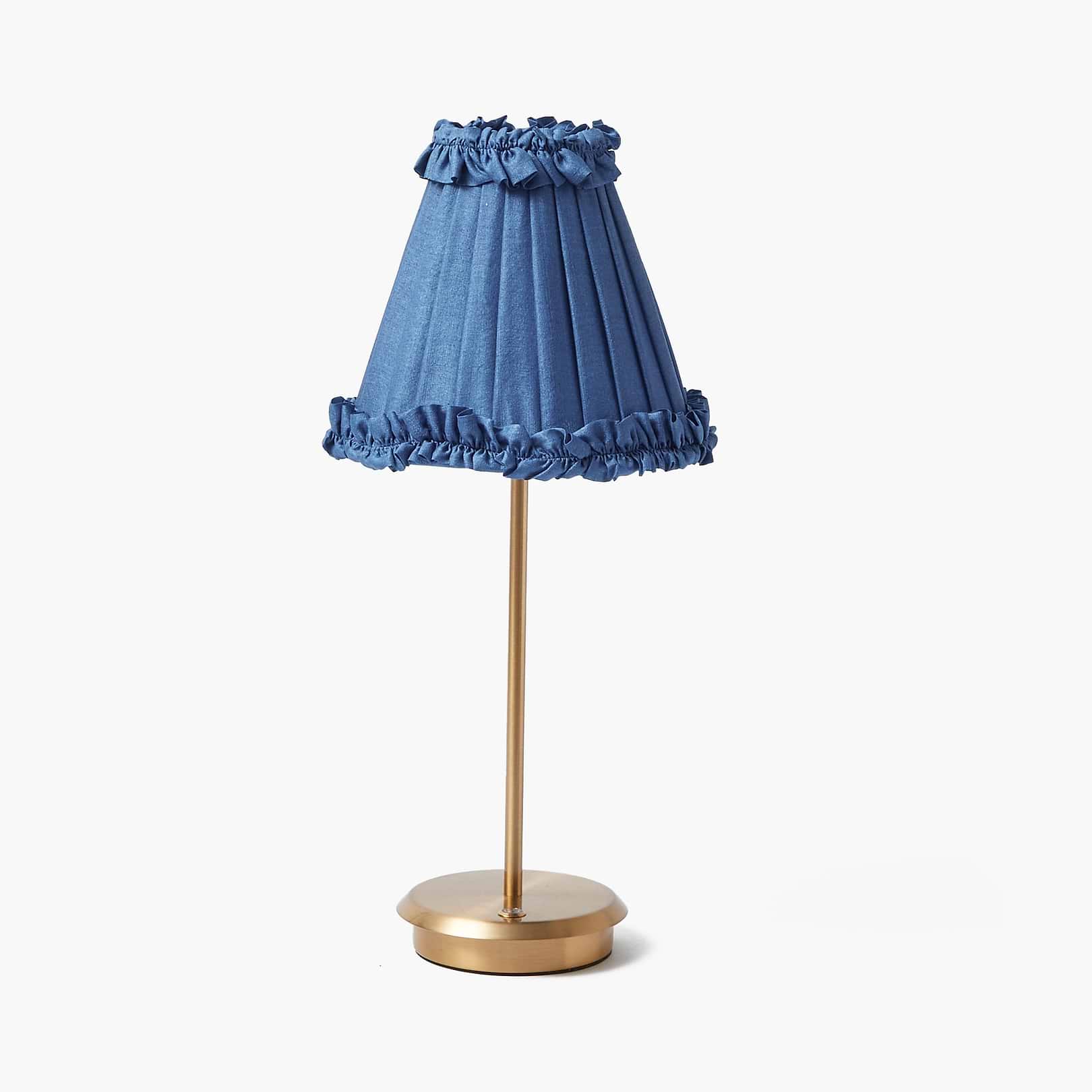 Tall Rechargeable Lamp with Blue Frilled Silk Shade (18cm)