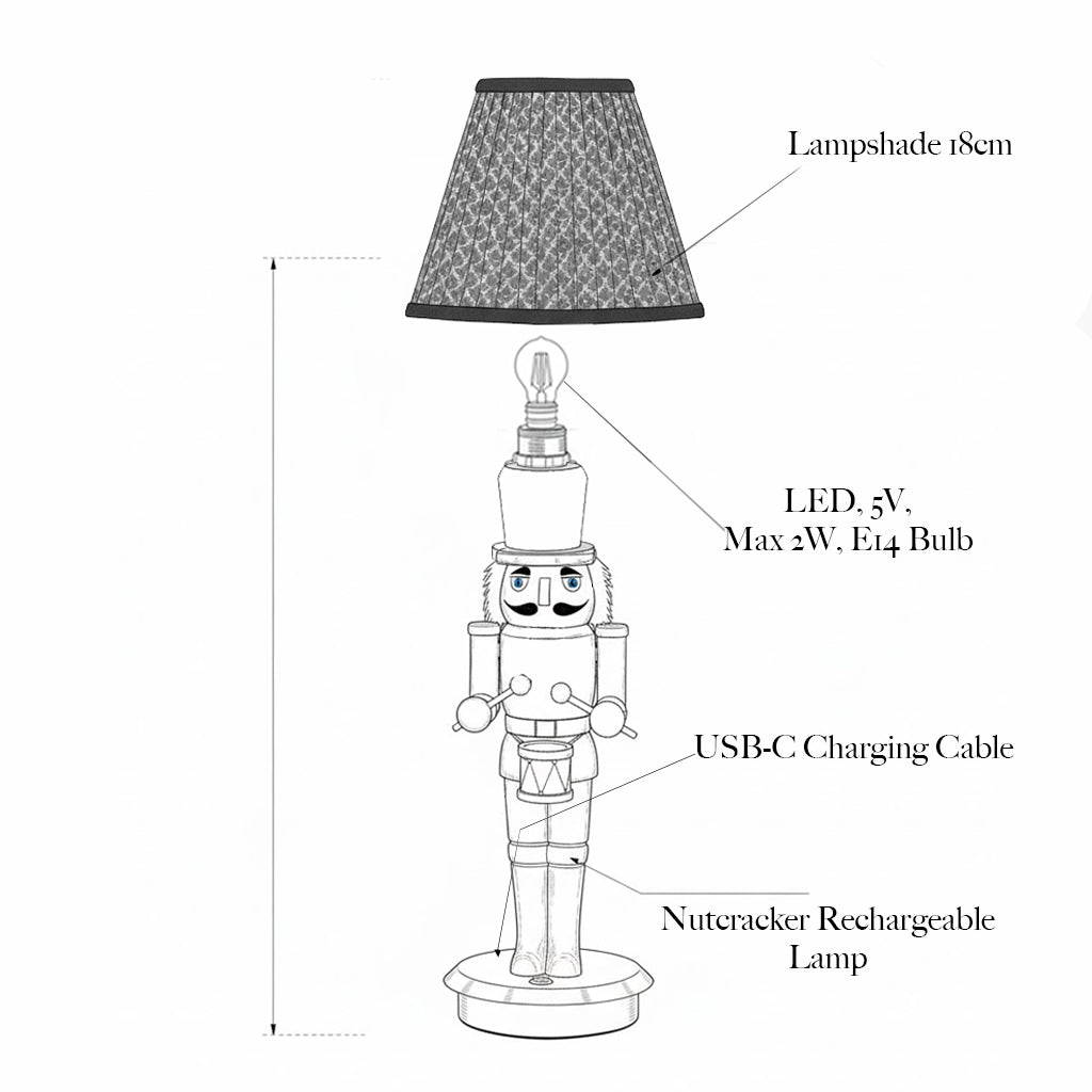Diagram of a nutcracker rechargeable lamp with labeled parts on a white background