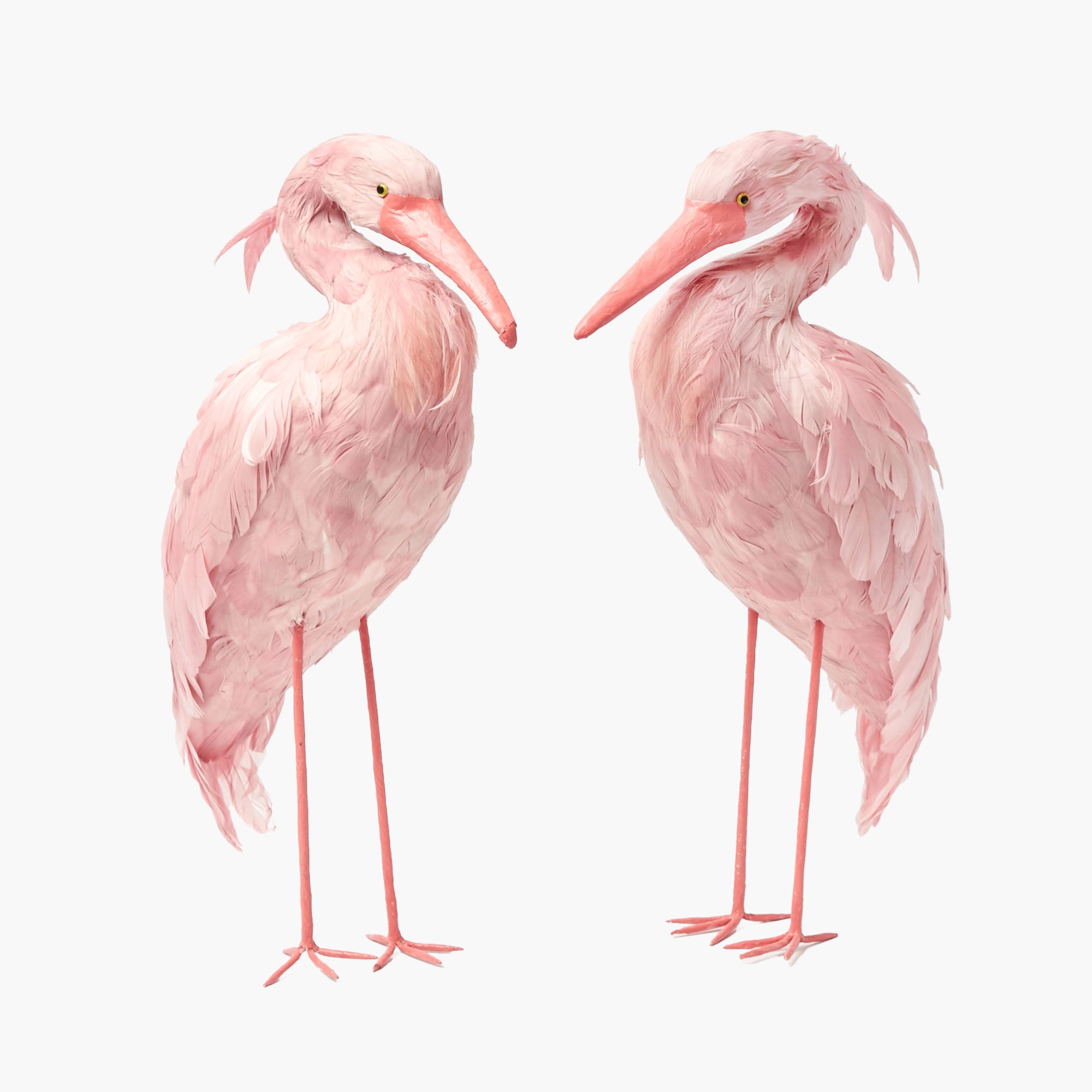 Two large pink flamingo figurines on a white background