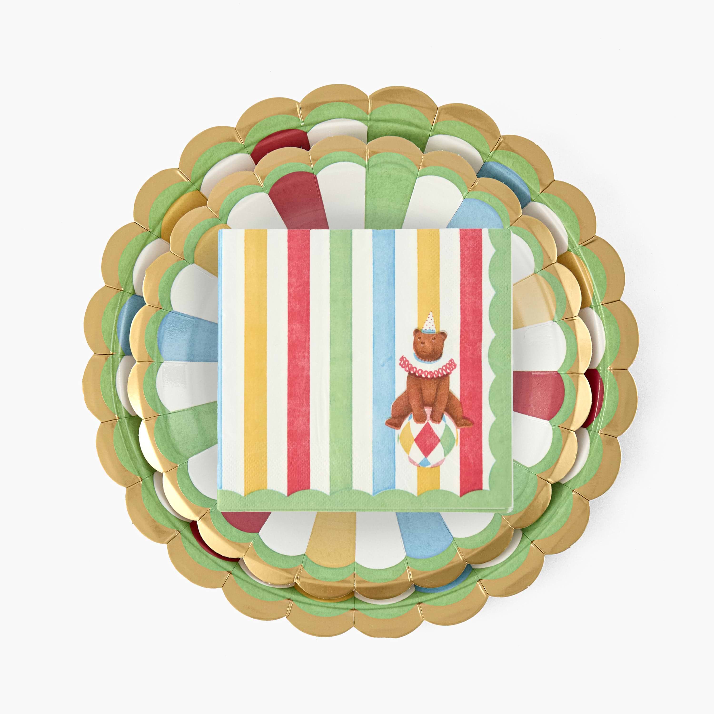Decorative plate with a colorful striped design featuring a bear on a white background