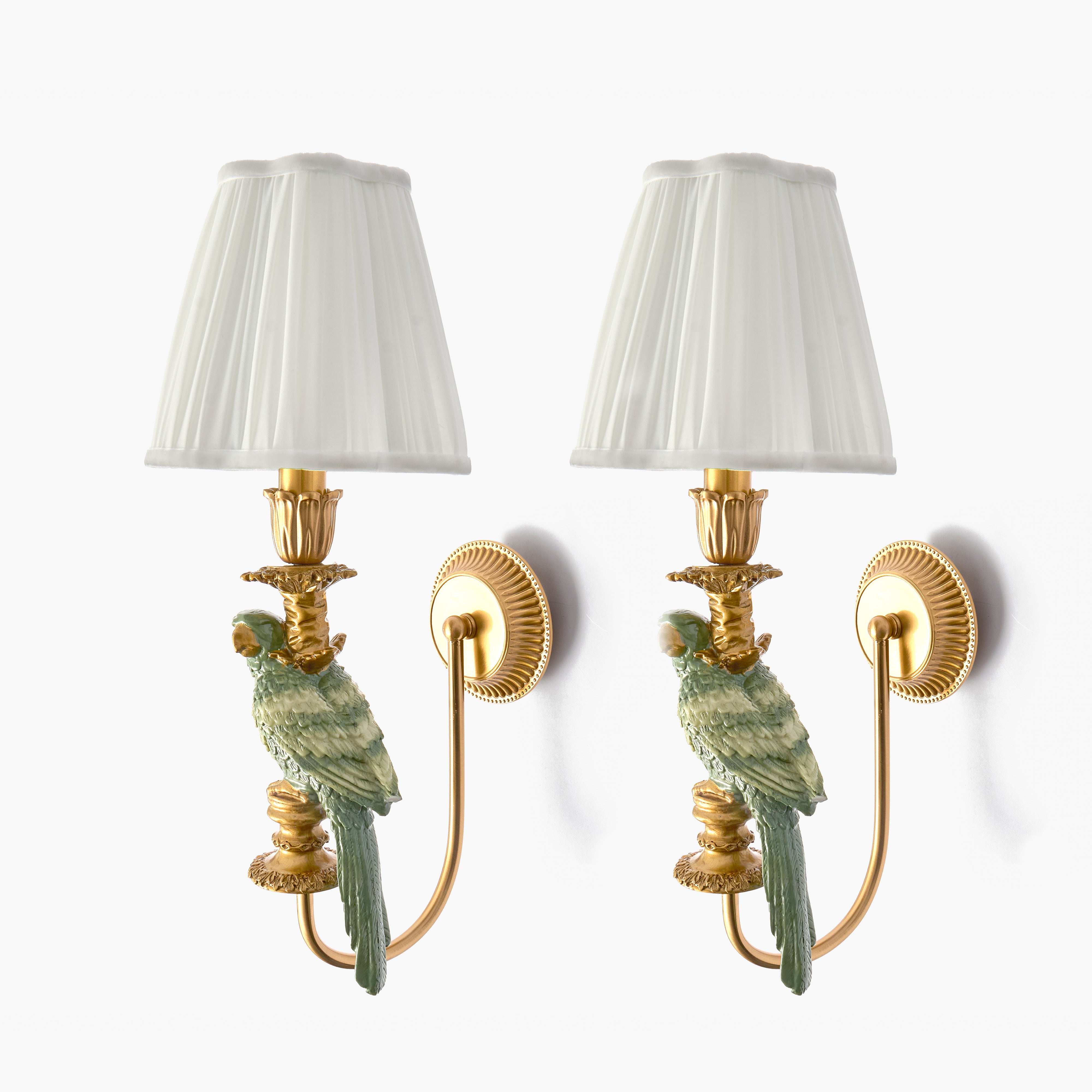 Pair of Olive Parrot Rechargeable Wall Lights with Cream Pleated Shades (18cm)