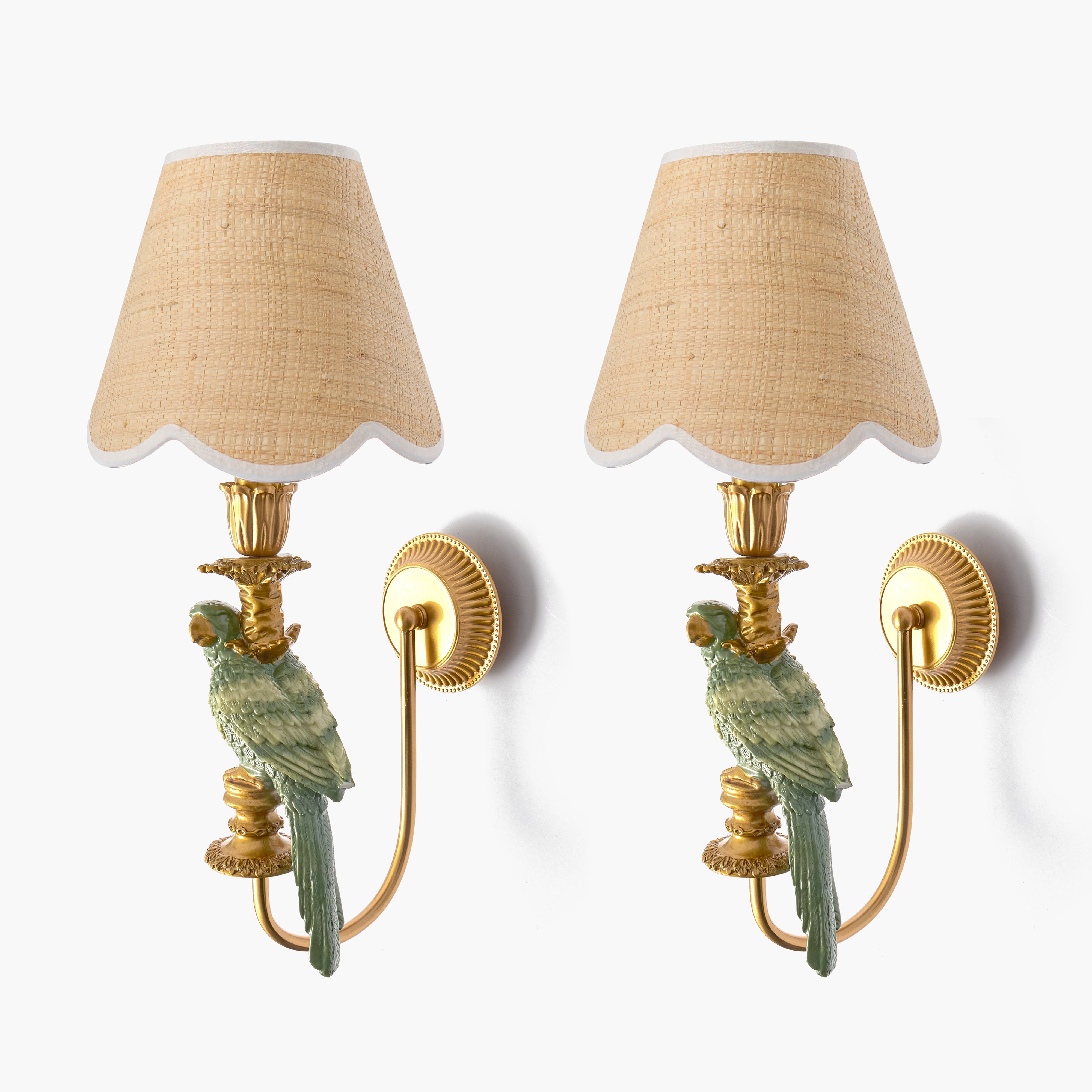 Pair of Olive Parrot Rechargeable Wall Lights with Grasscloth Shades (18cm)