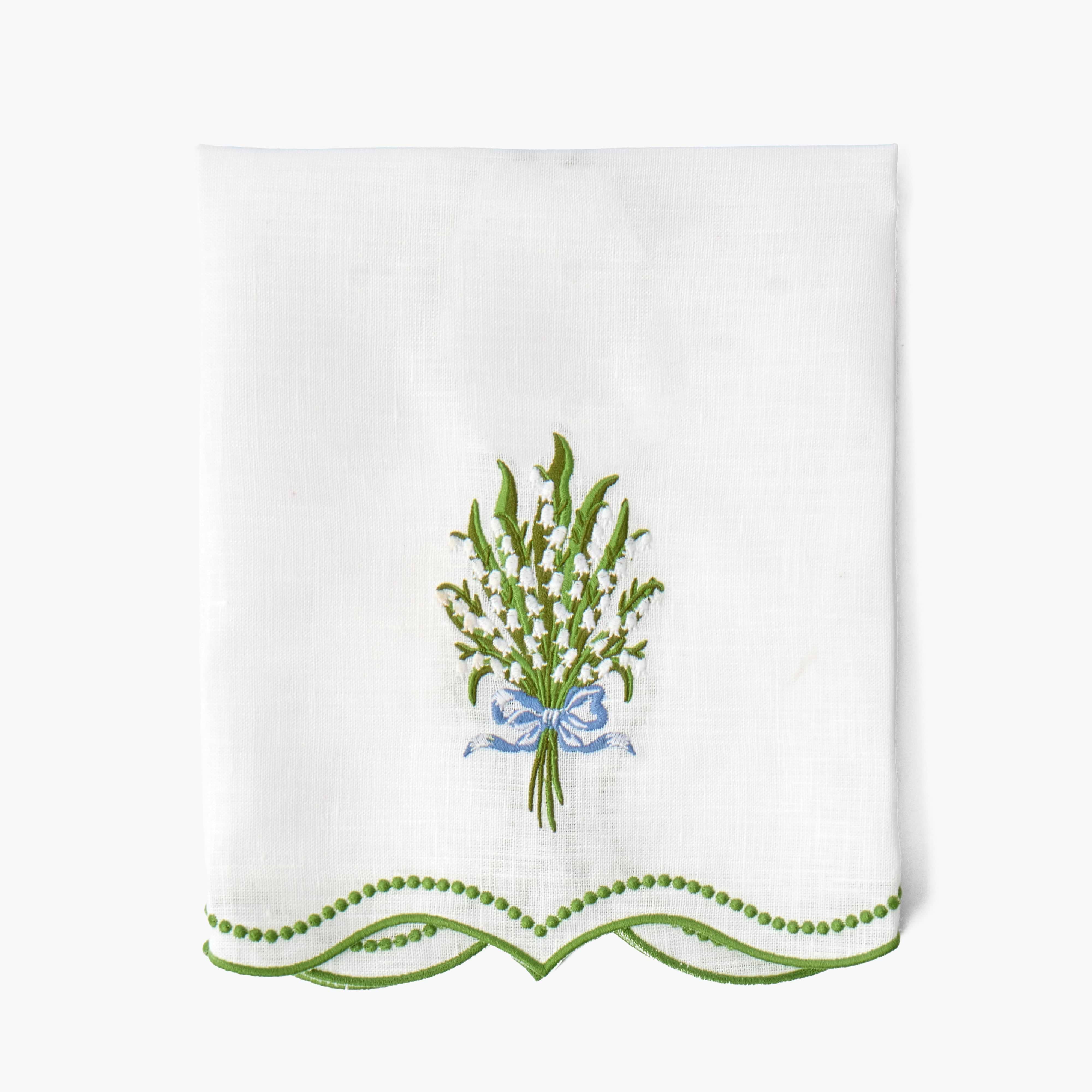 White Lily of the Valley Embroidered Linen Hand Towel