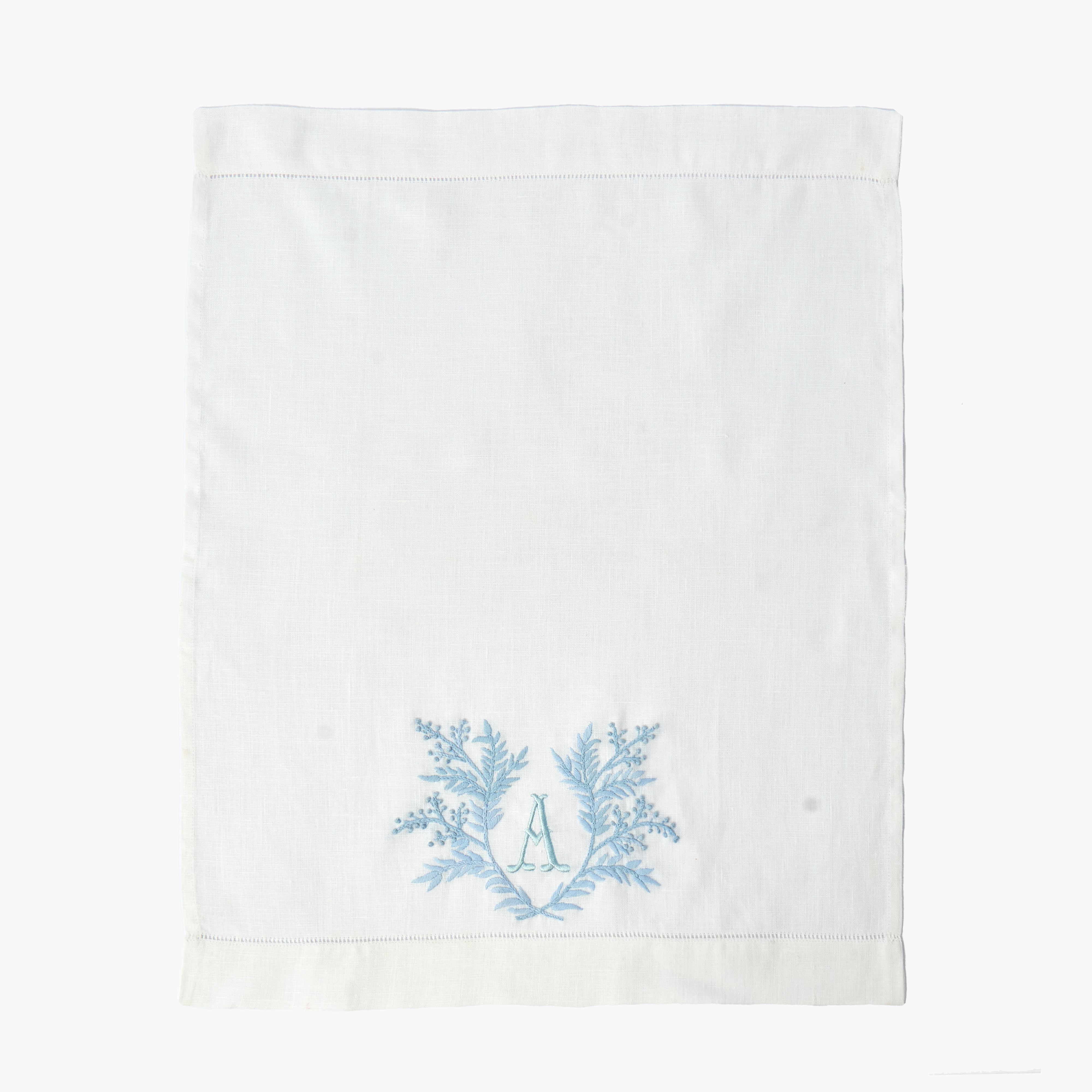 White & Blue Garland Embroidered Linen Hand Towel