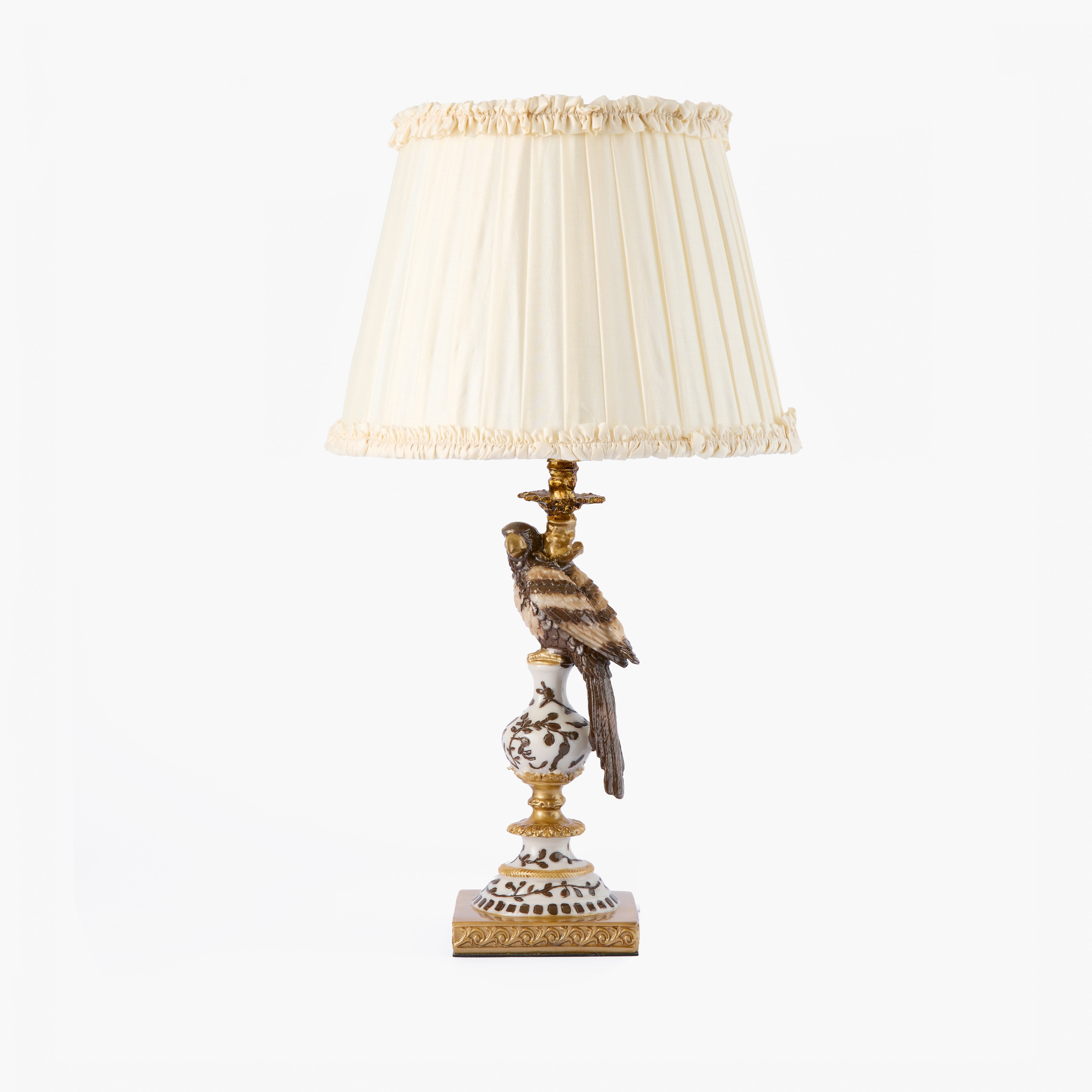 Chocolate Parrot Lamp with Cream Frilled Silk Shade (30cm)
