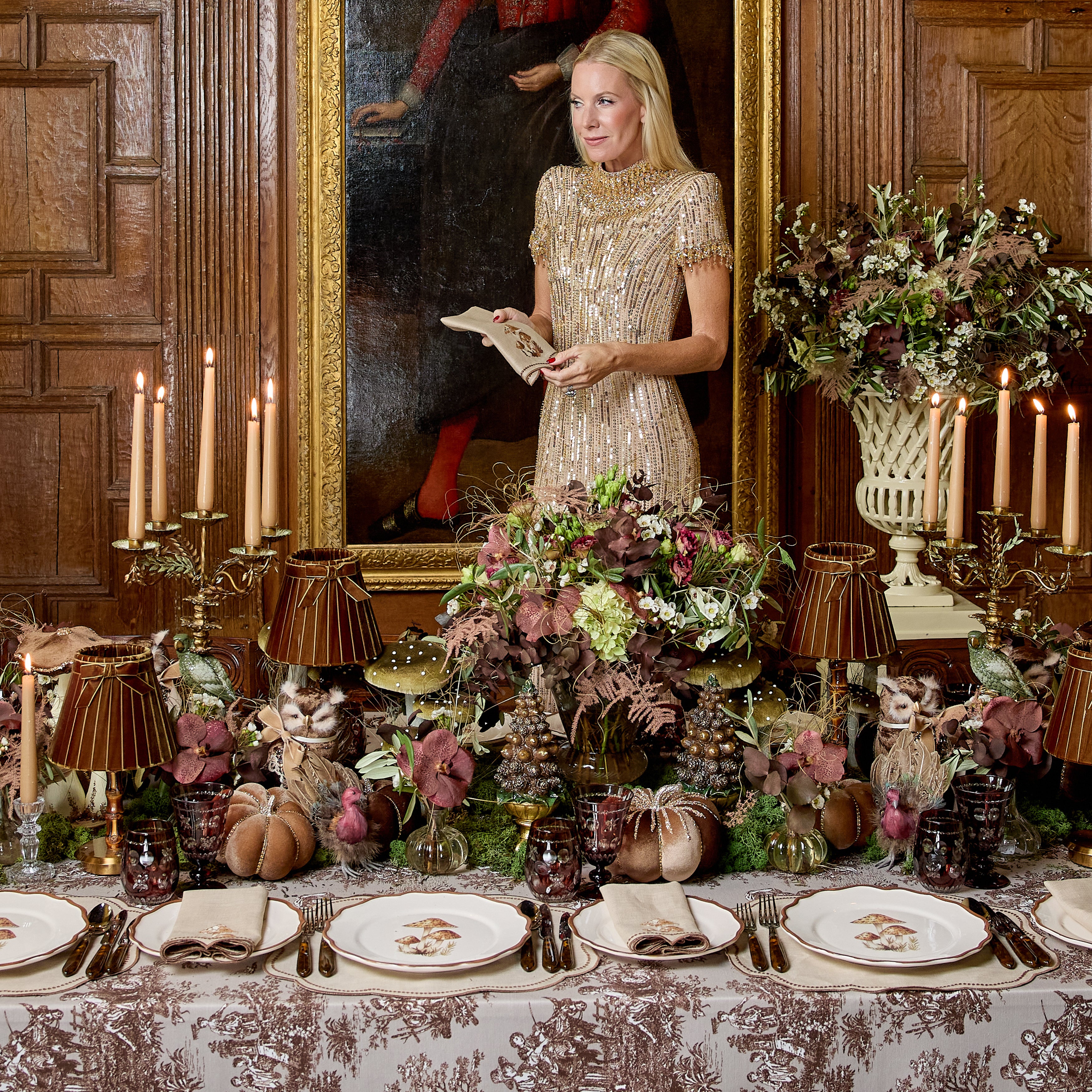 Taupe & Chocolate Eloise Placemats & Mushroom Embroidered Napkins (Set of 8)