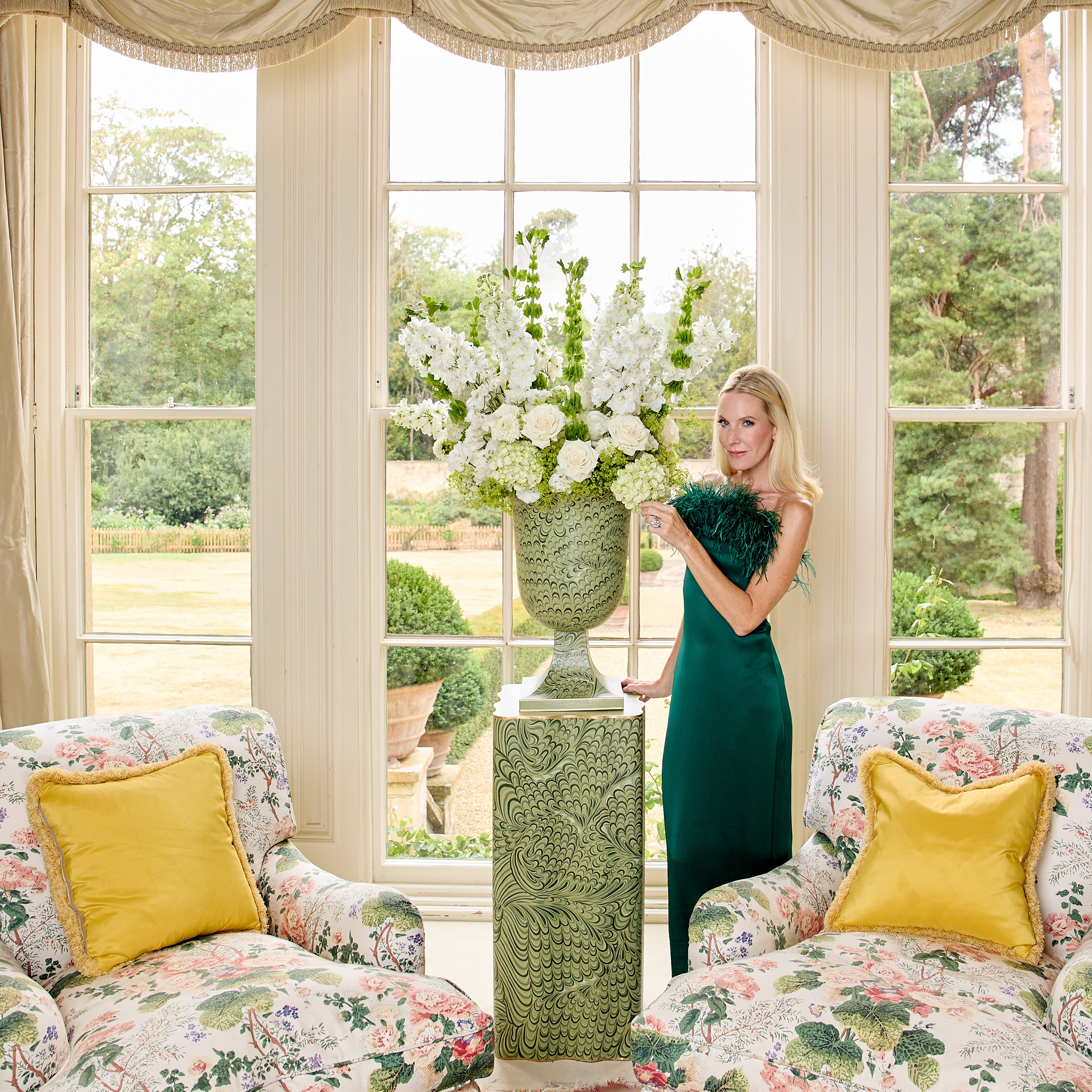 Olive Green Marble Urn & Pedestal