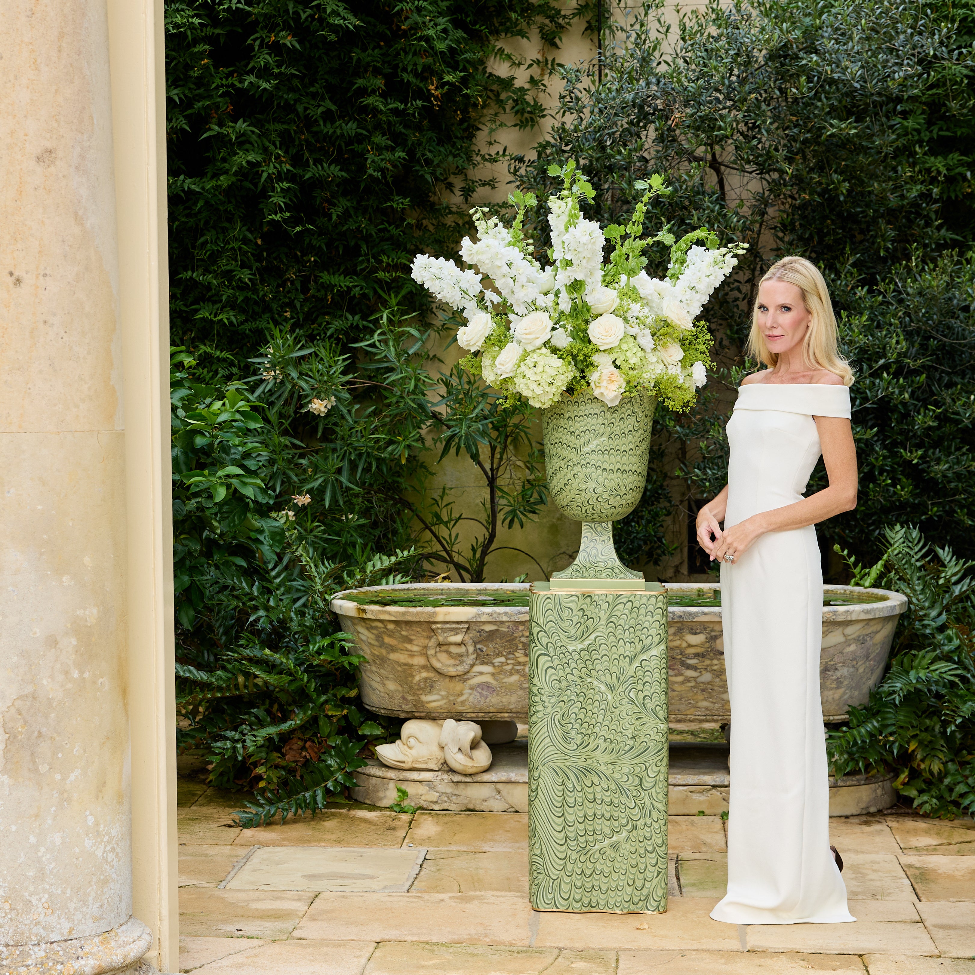 Olive Green Marble Urn & Pedestal