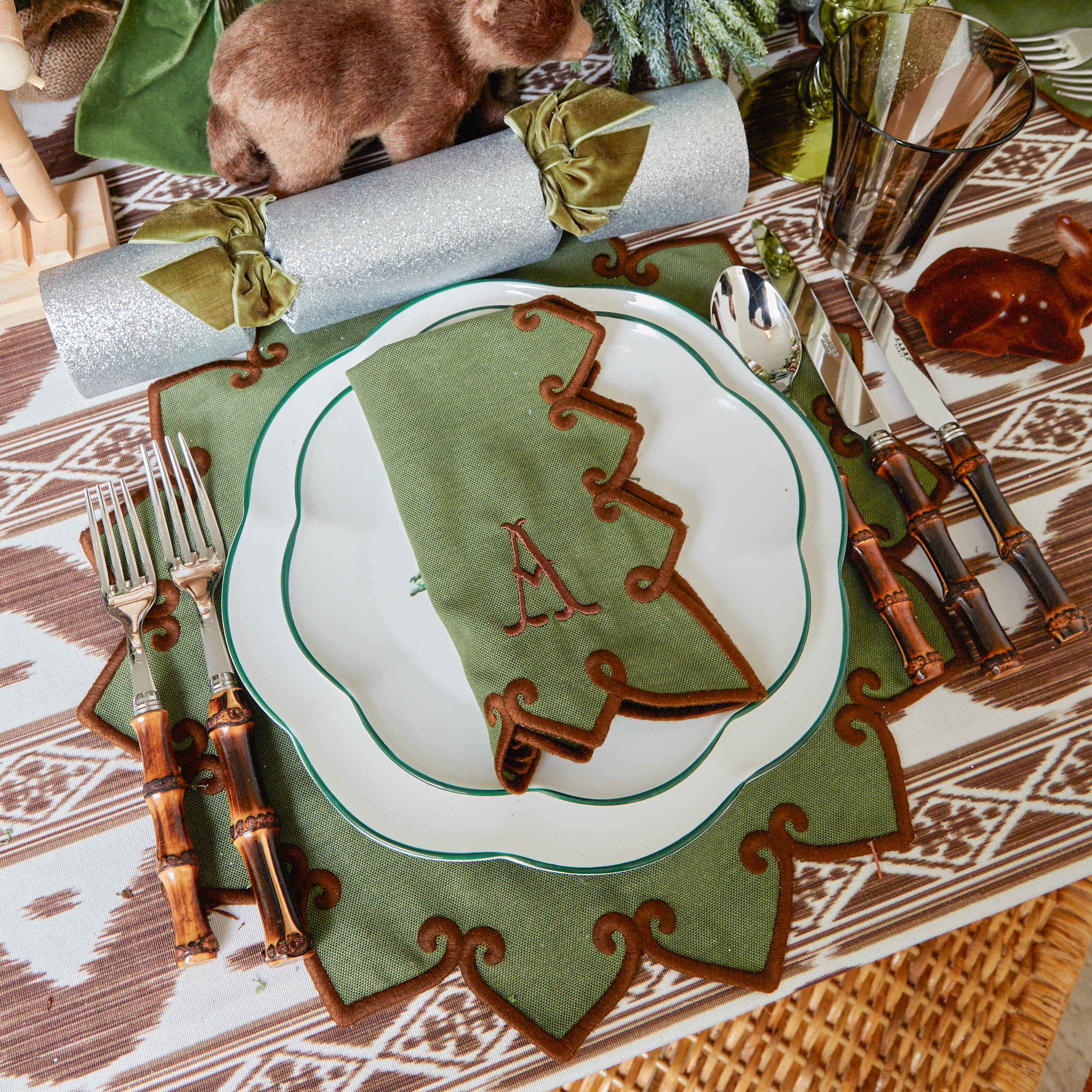 Elevate your dining experience with Angelina Forest Green & Brown Napkins (Set of 4).