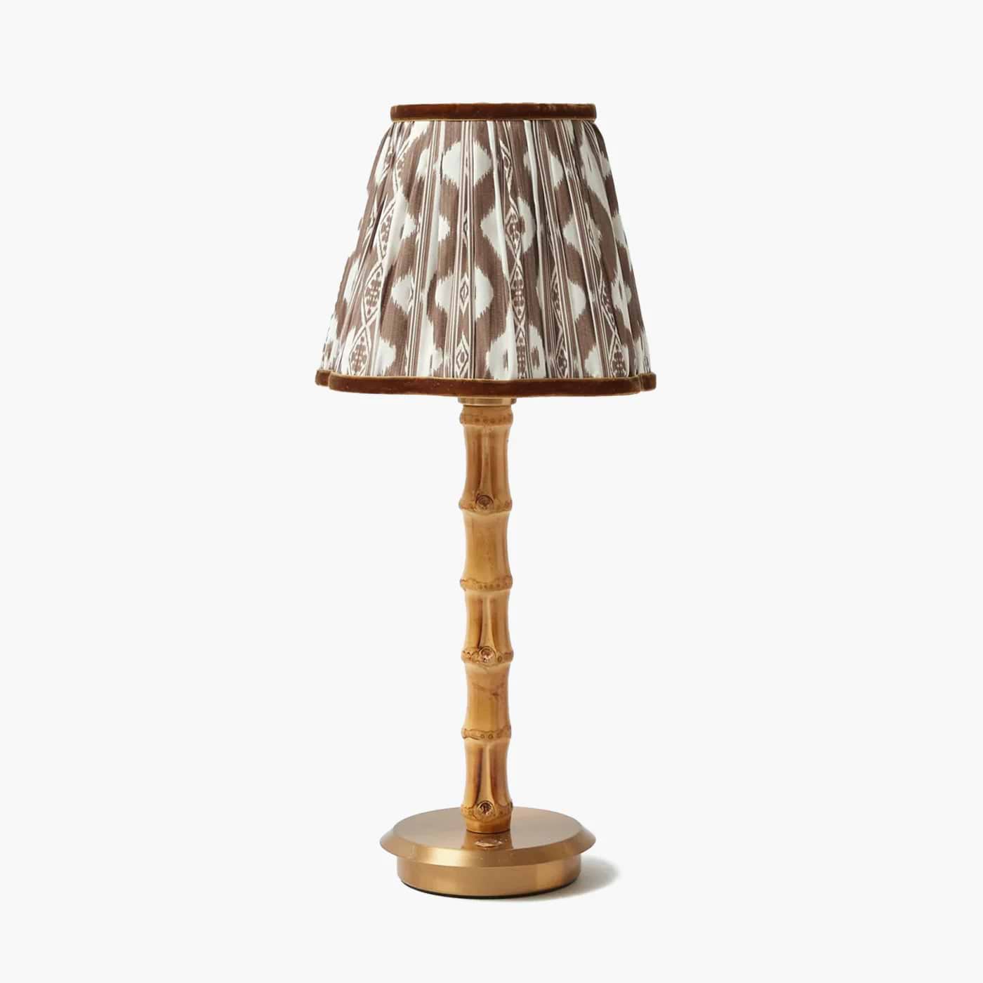 Bamboo Rechargeable Lamp with Chocolate Brown Ikat Shade (18cm)