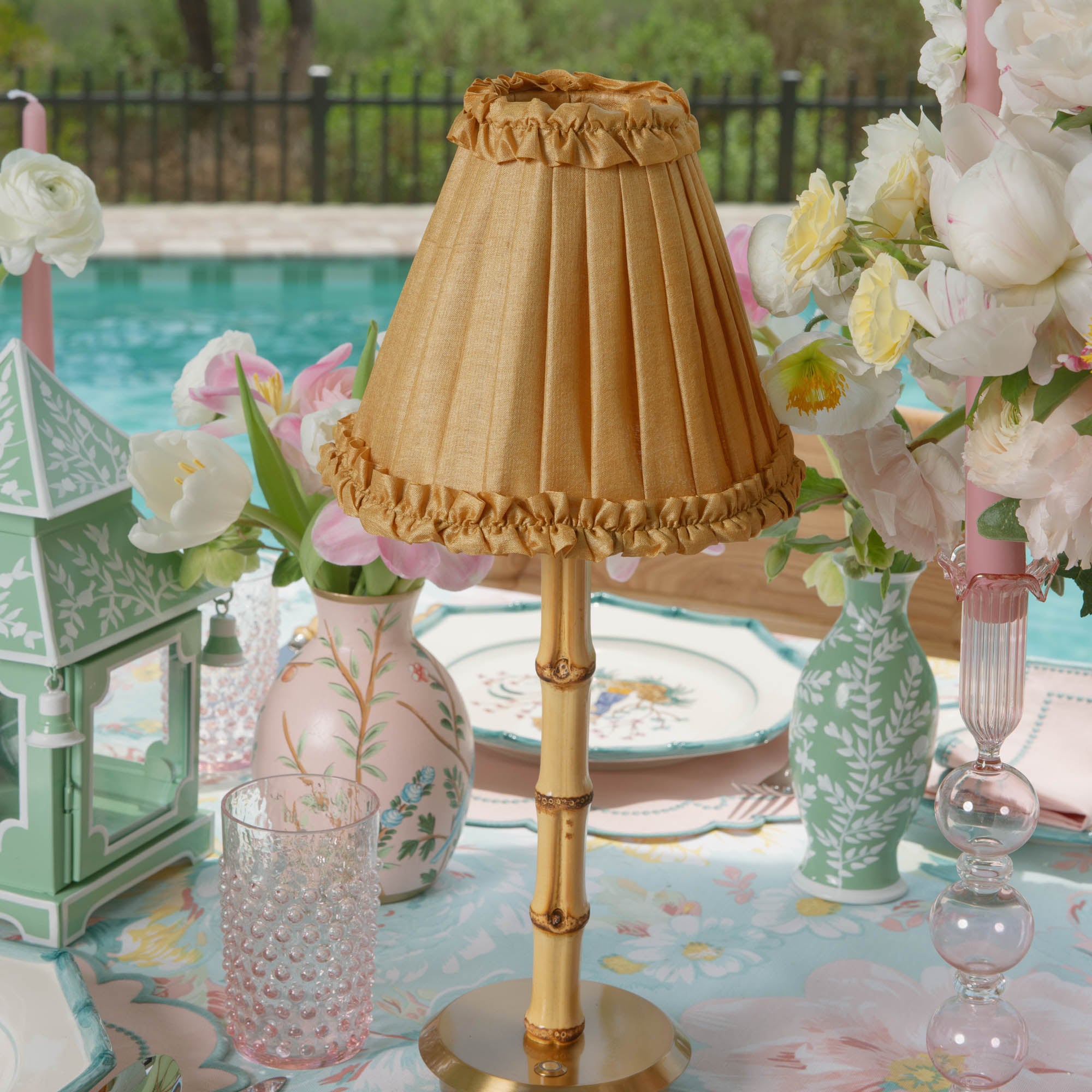 Bamboo Rechargeable Lamp with Caramel Silk Frilled Shade (18cm)
