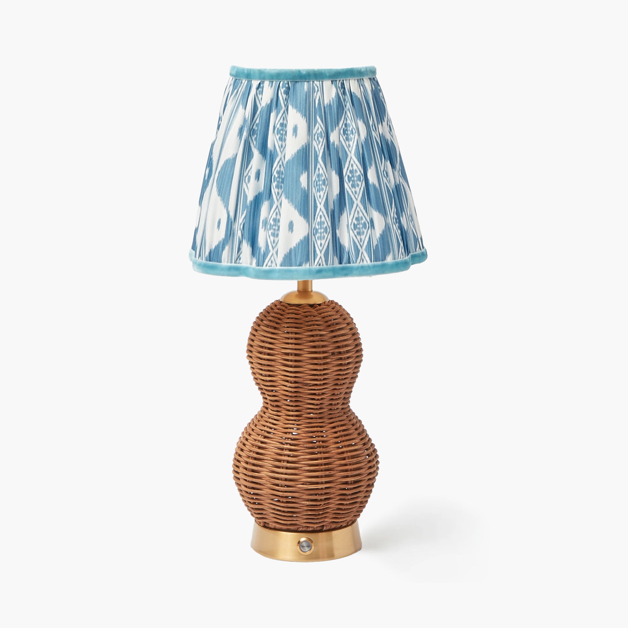 Rattan Bardot Rechargeable Lamp with Blue Ikat Shade (18cm)