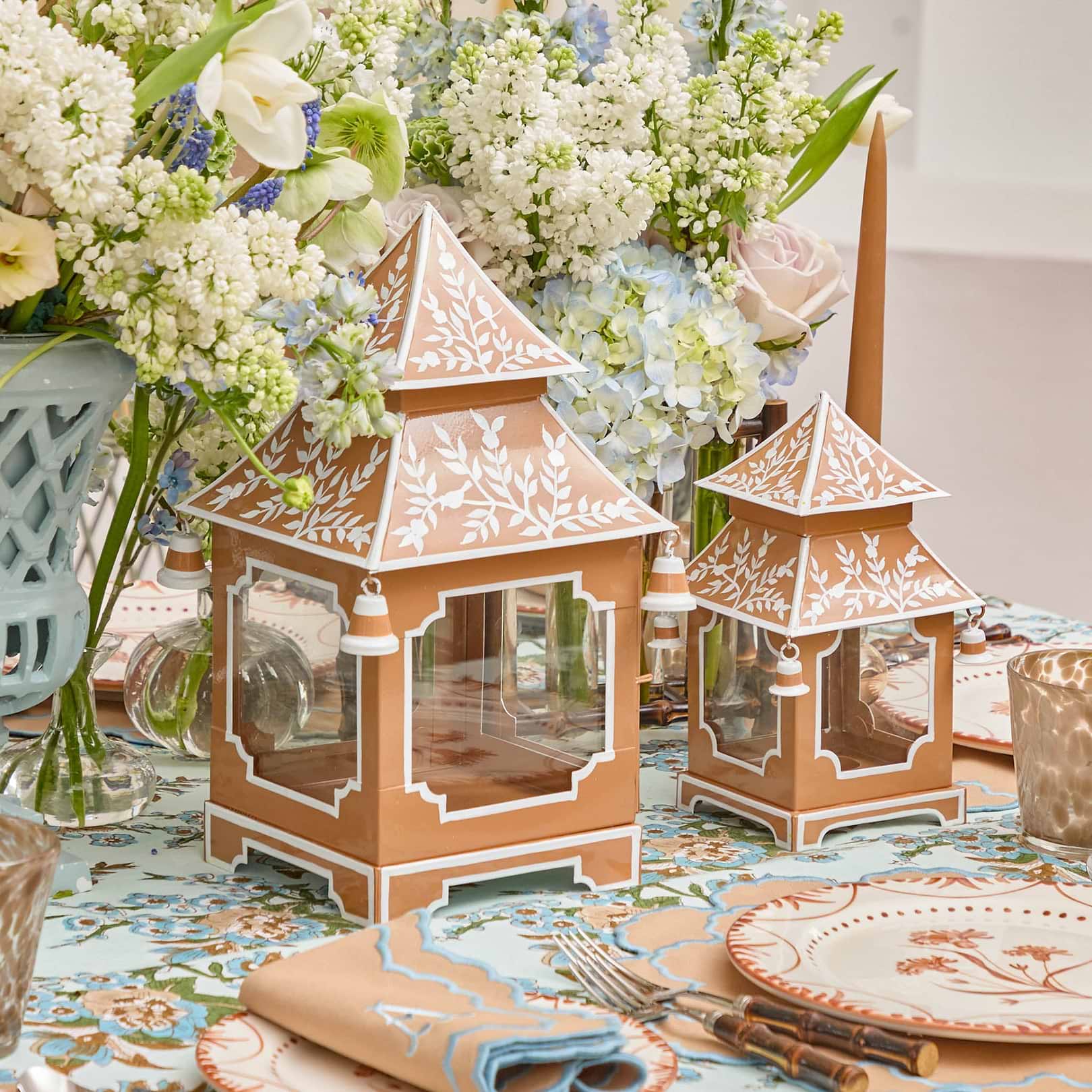 Mini Caramel Chinoiserie Pagoda Lantern (Pair)