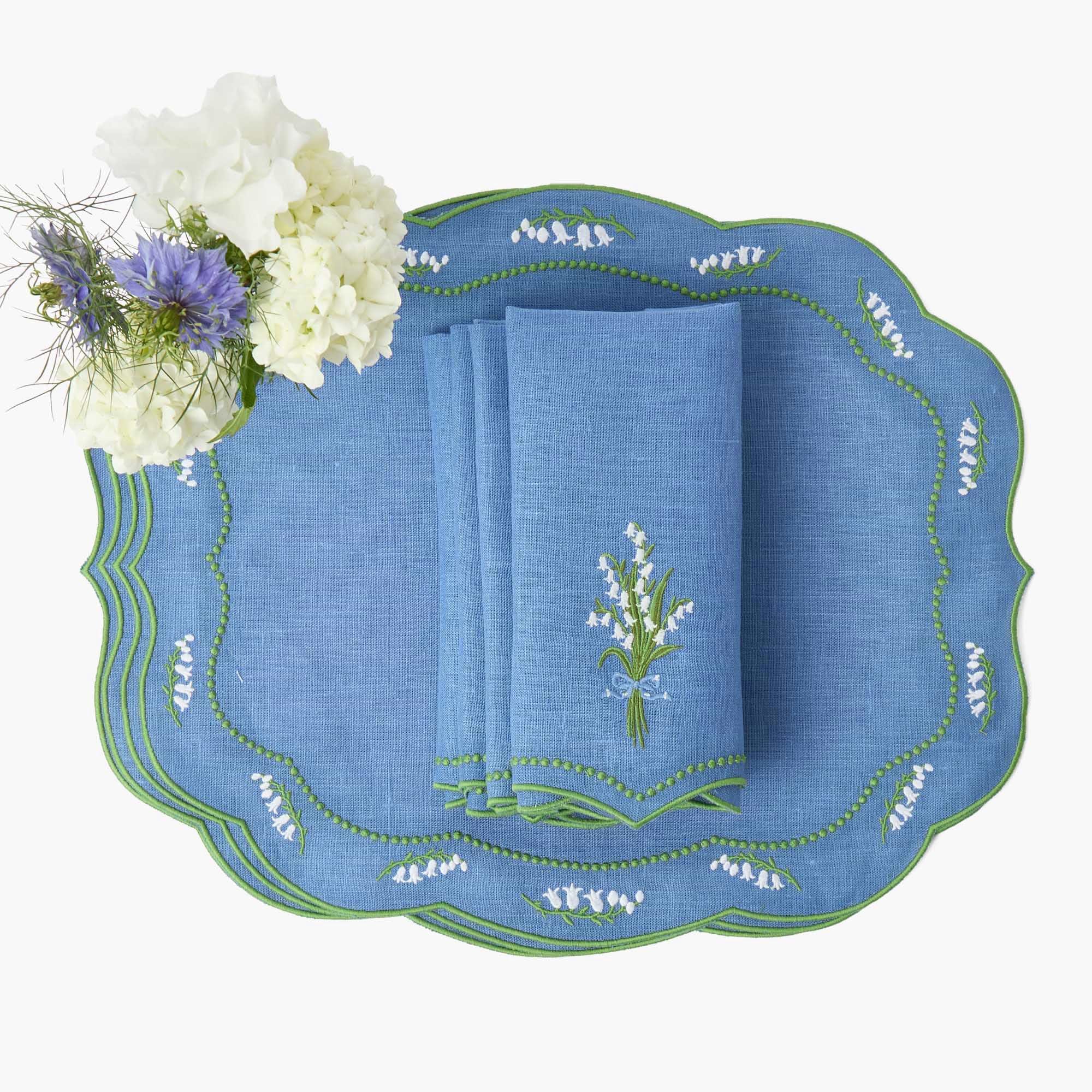 Blue Lily of the Valley Linen Placemats (Set of 4)