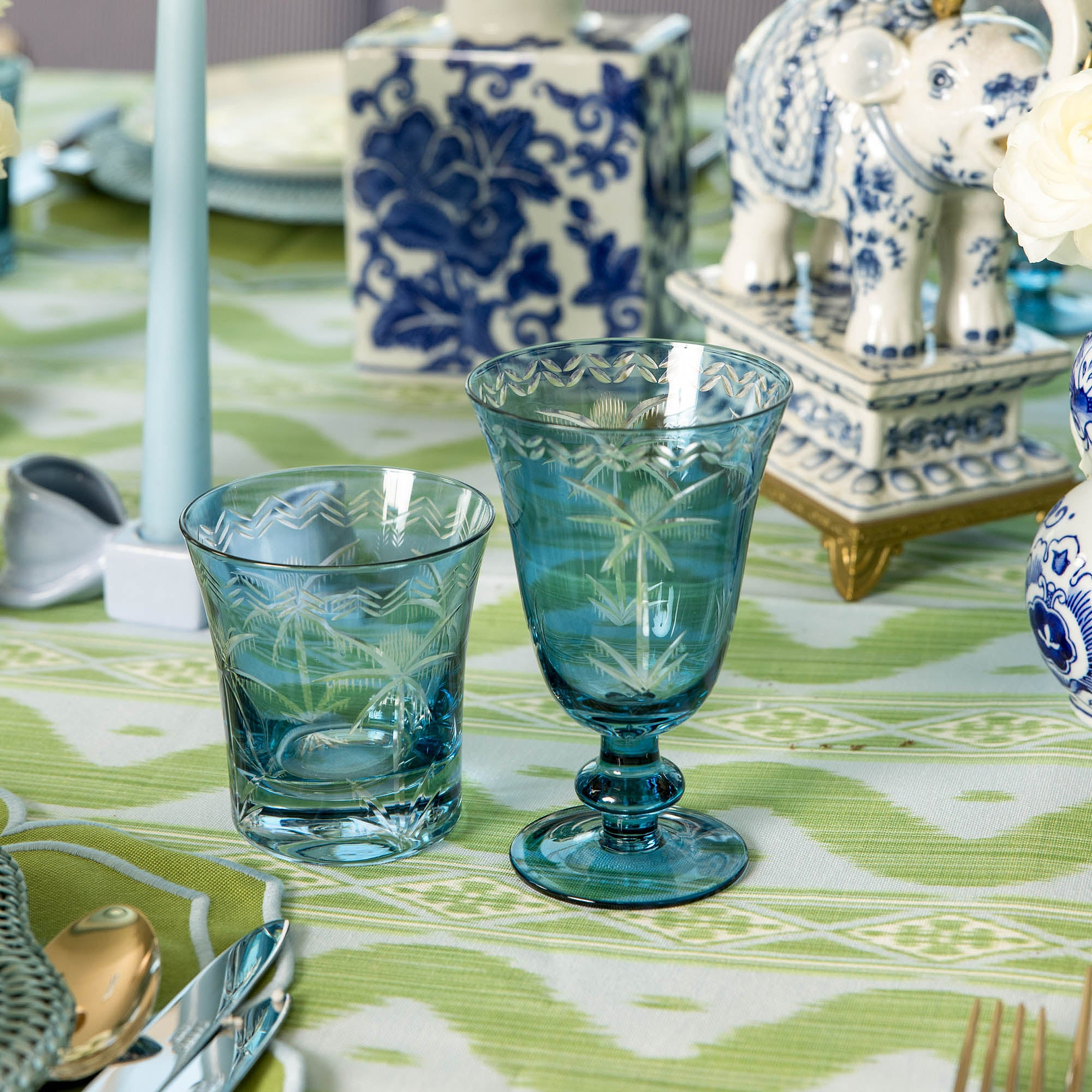 Blue Palm Glassware (Set of 8)