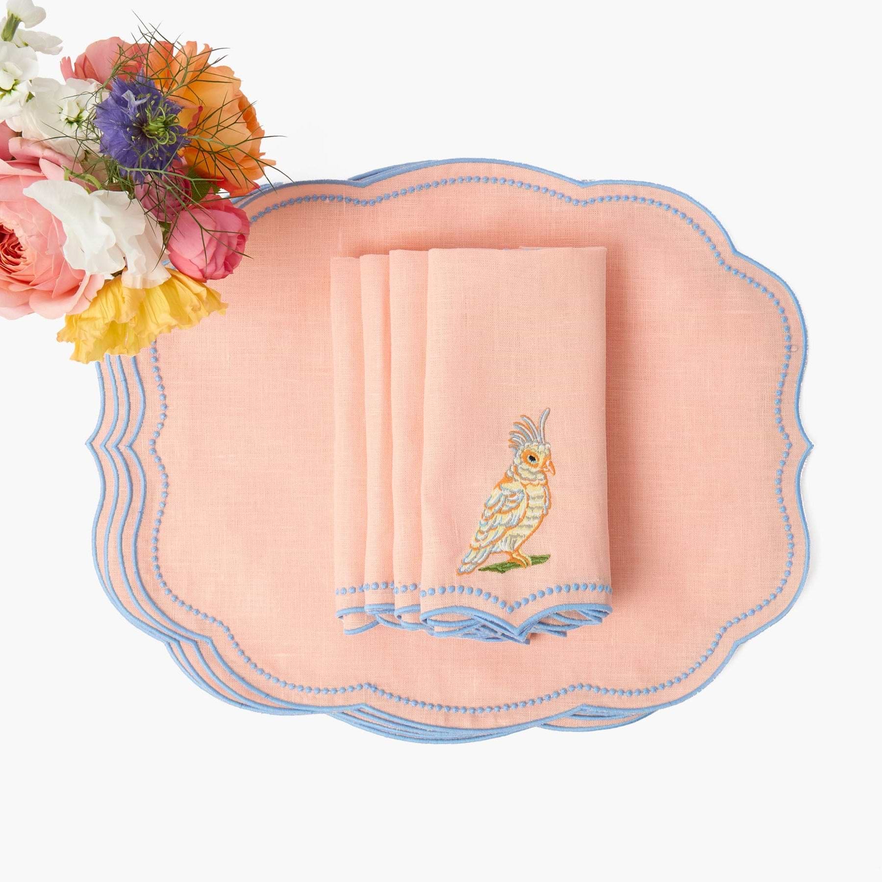 Eloise Coral & Blue Linen Placemats & Parrot Napkins (Set of 4)
