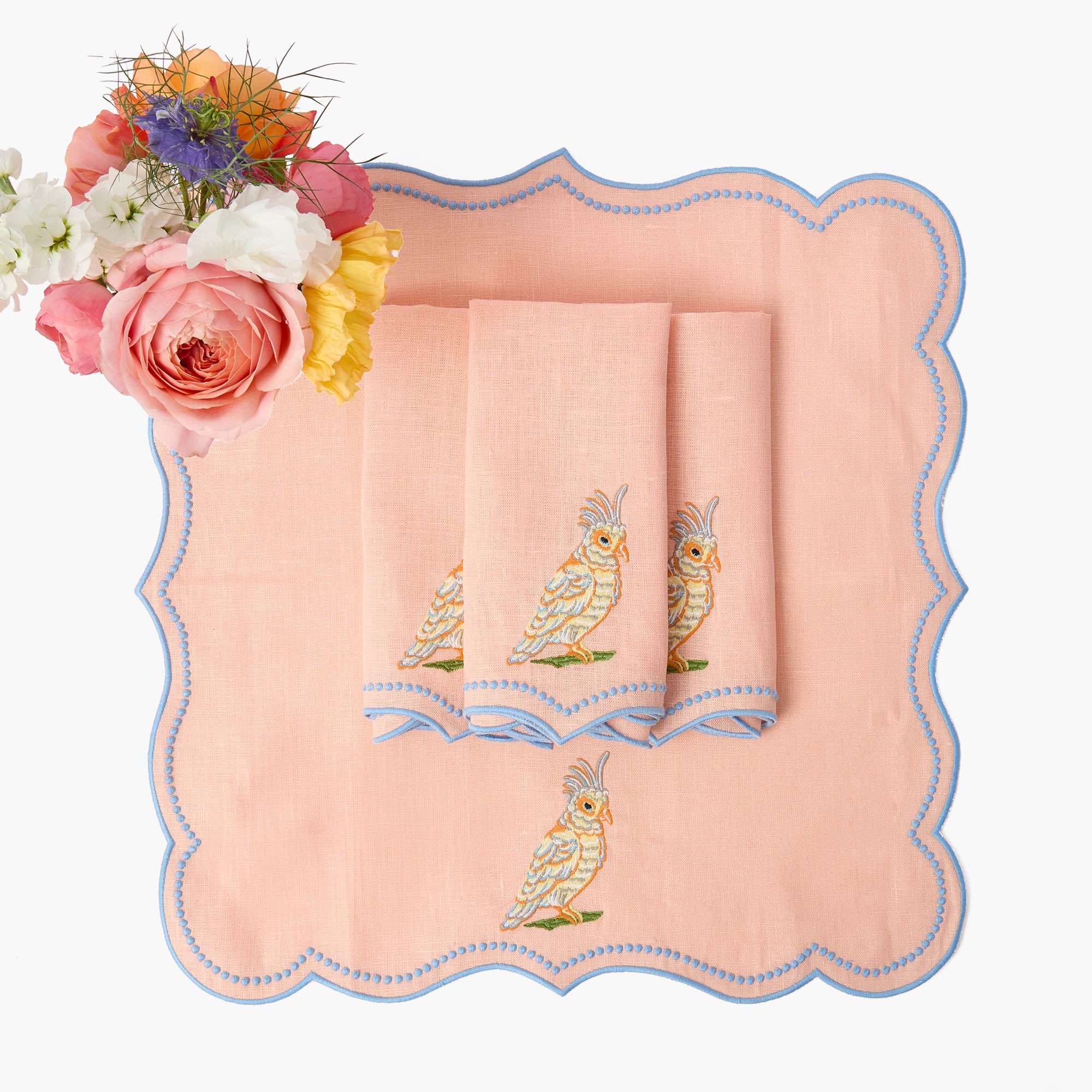 Eloise Coral & Blue Linen Placemats & Parrot Napkins (Set of 4)
