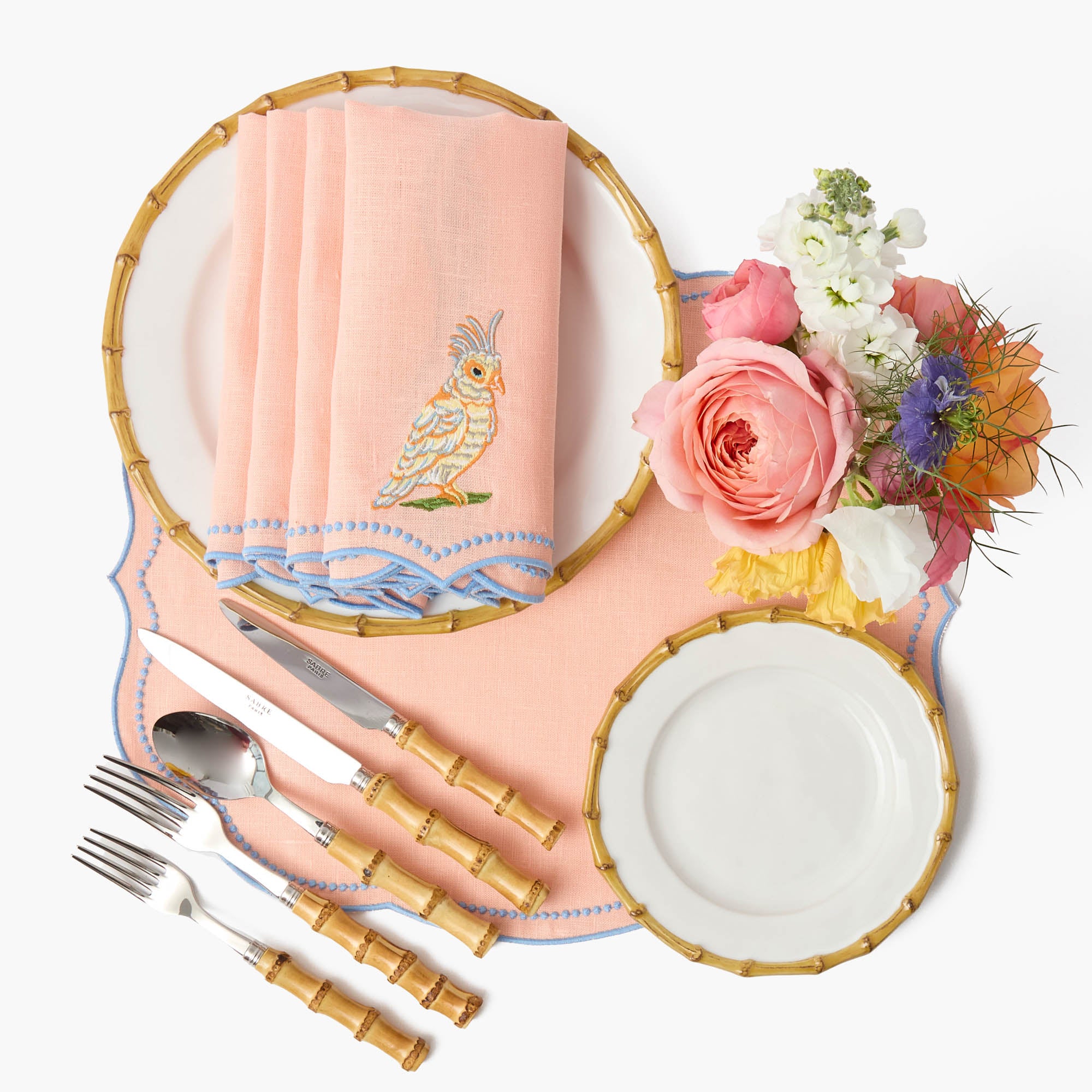 Eloise Coral & Blue Linen Placemats & Parrot Napkins (Set of 4)