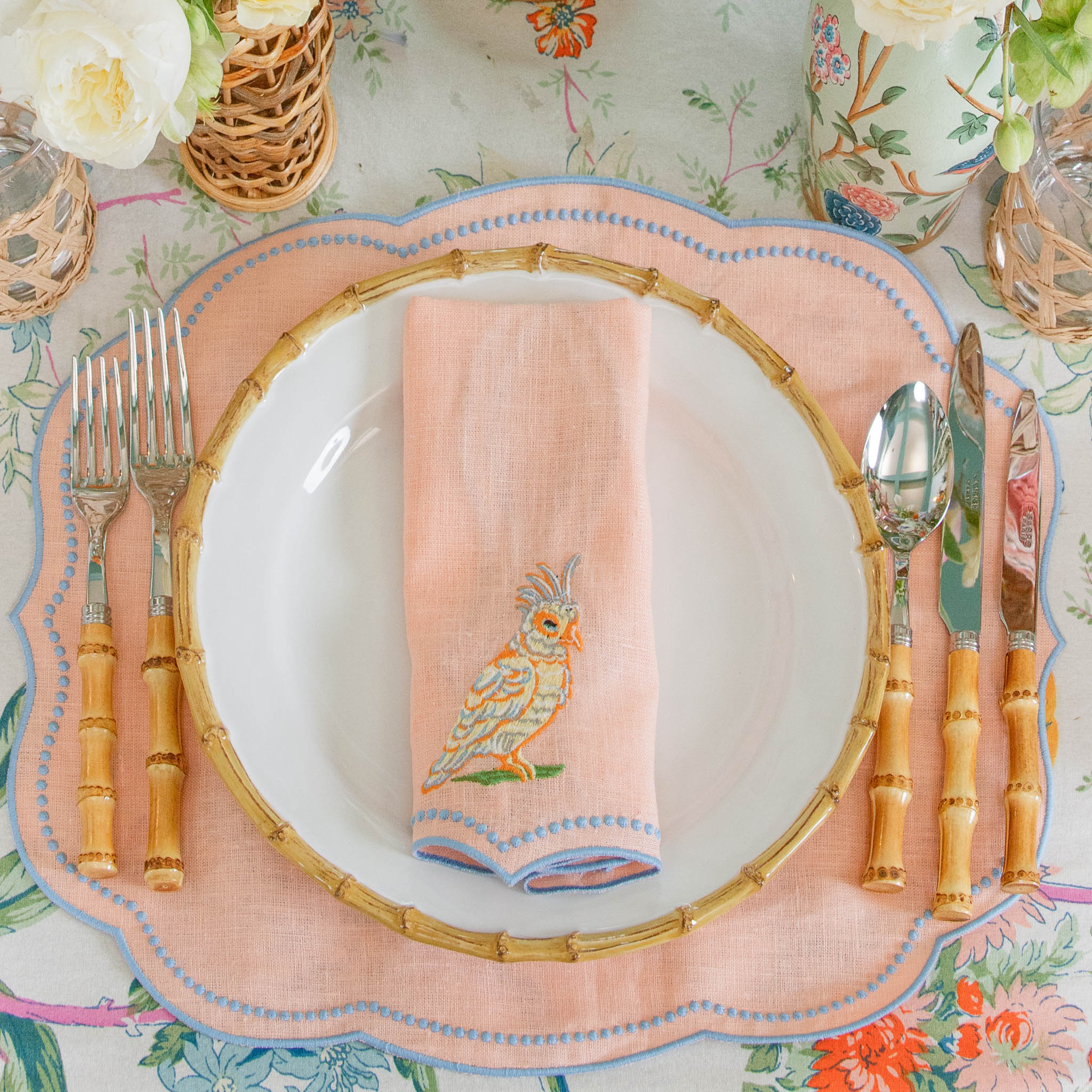 Eloise Coral & Blue Linen Placemats (Set of 4)