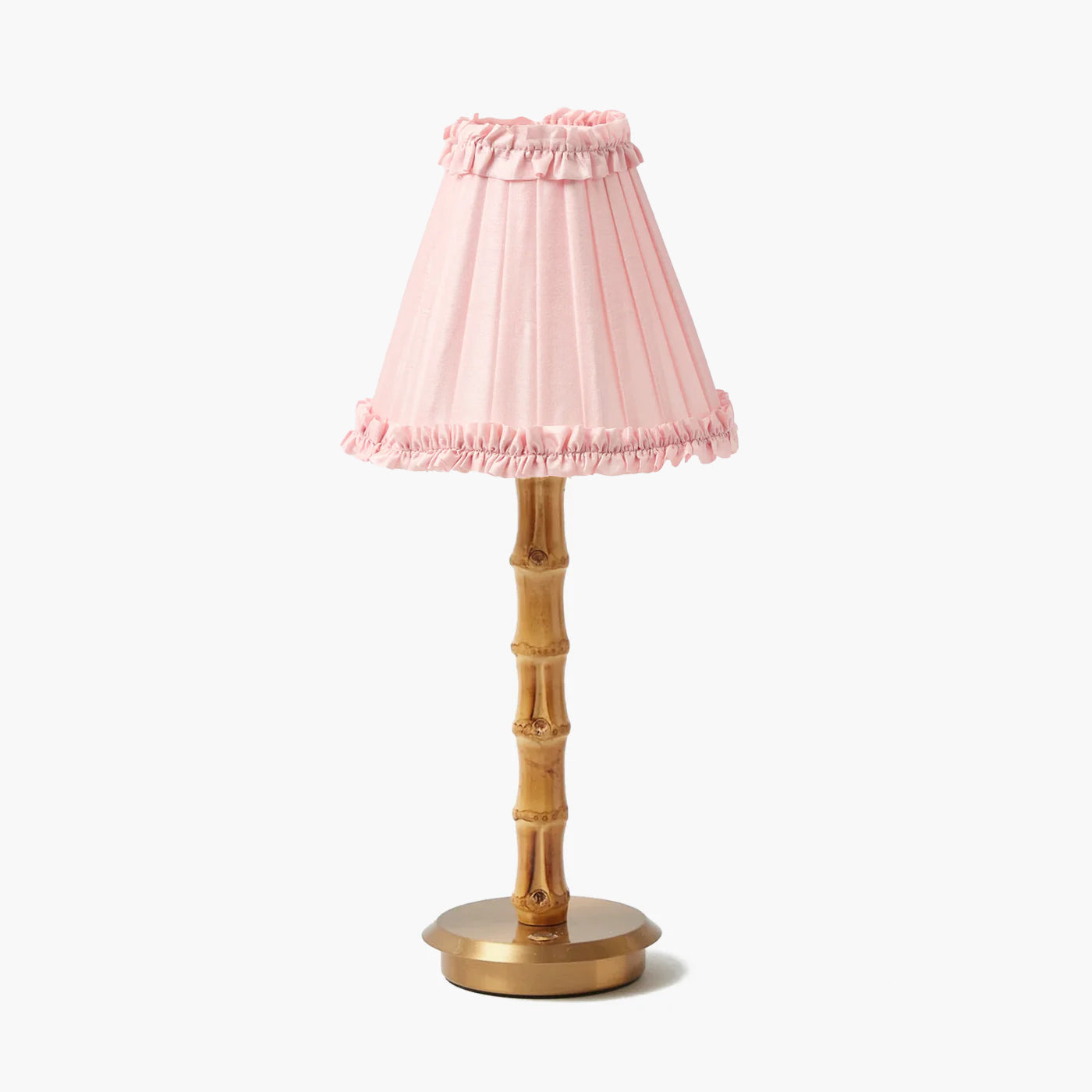 Bamboo Rechargeable Lamp with Pale Pink Silk Frilled Shade (18cm)