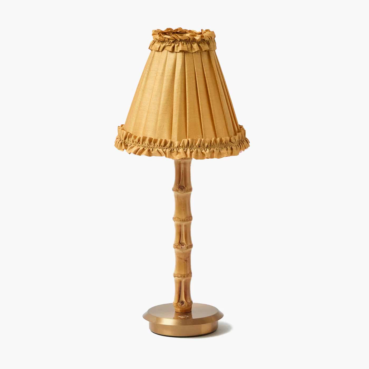 Bamboo Rechargeable Lamp with Caramel Silk Frilled Shade (18cm)