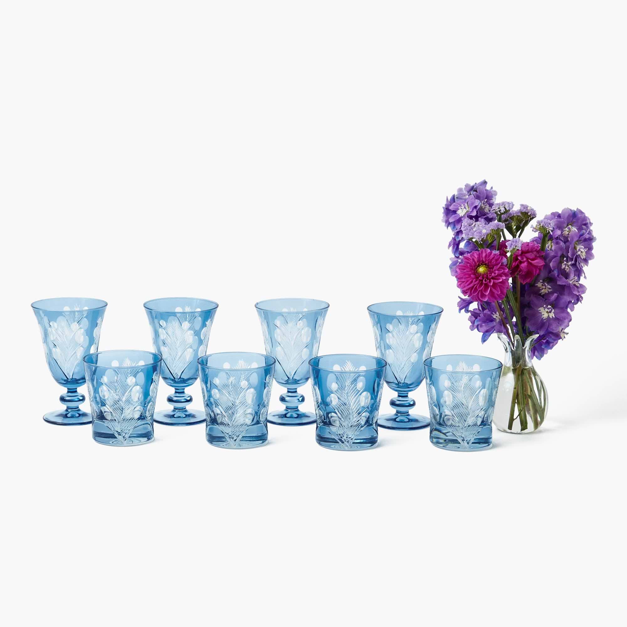Blue Fern Engraved Glassware (Set of 8)