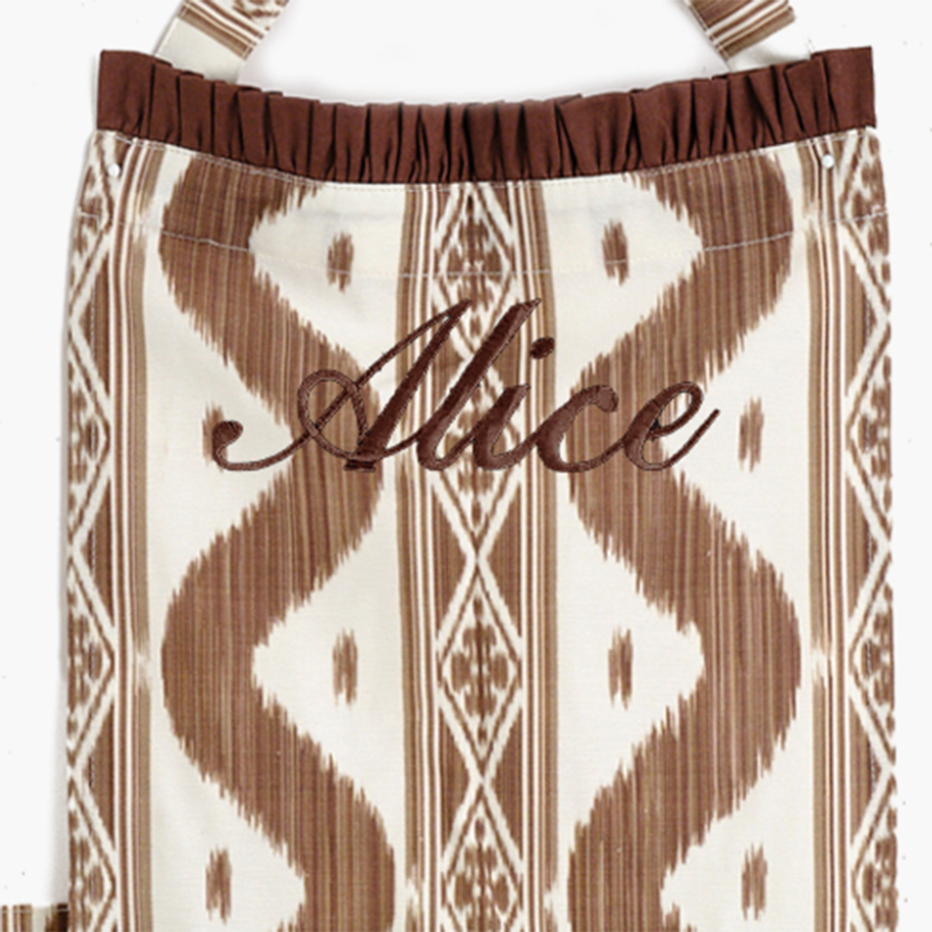 Chocolate Ikat Frilled Apron