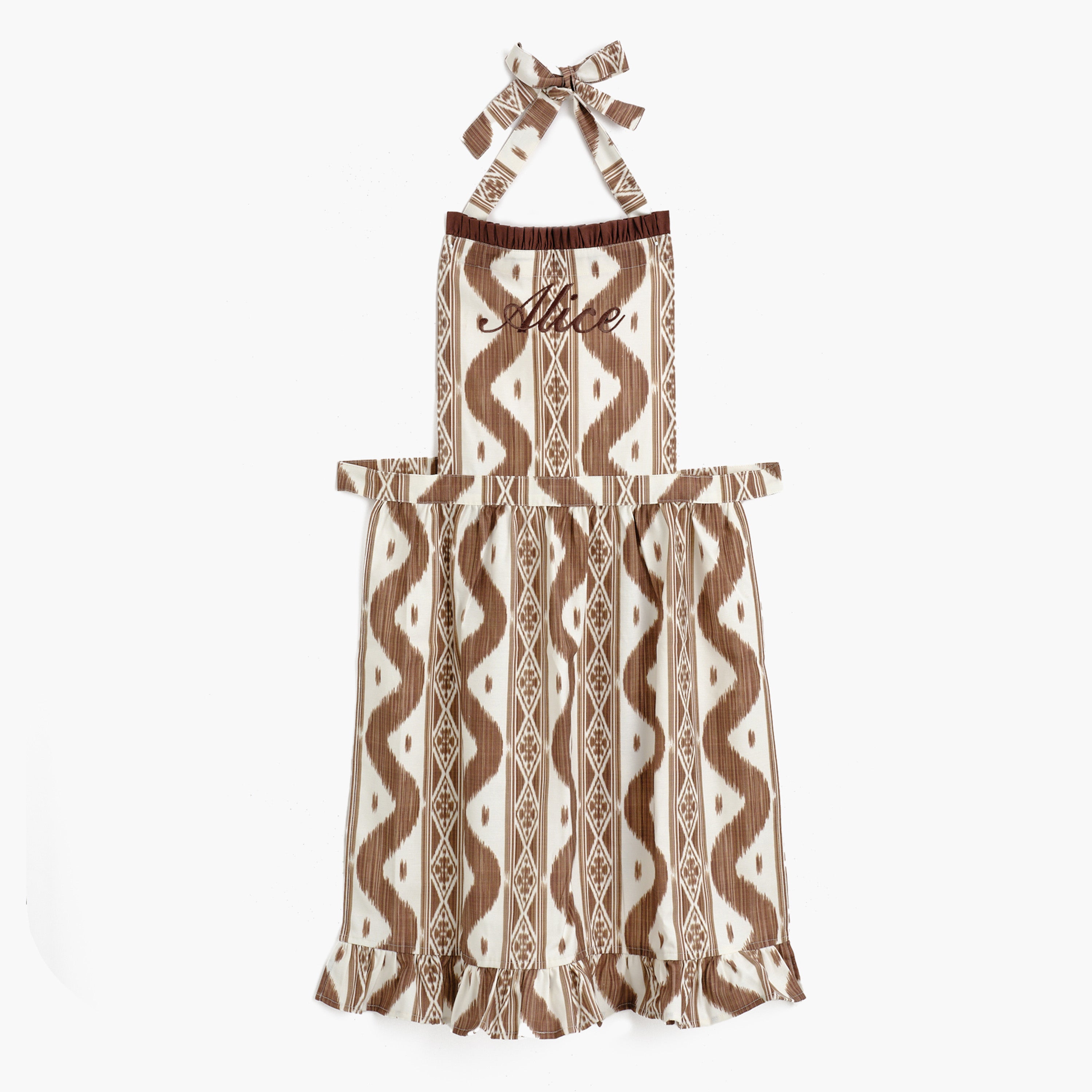 Chocolate Ikat Frilled Apron