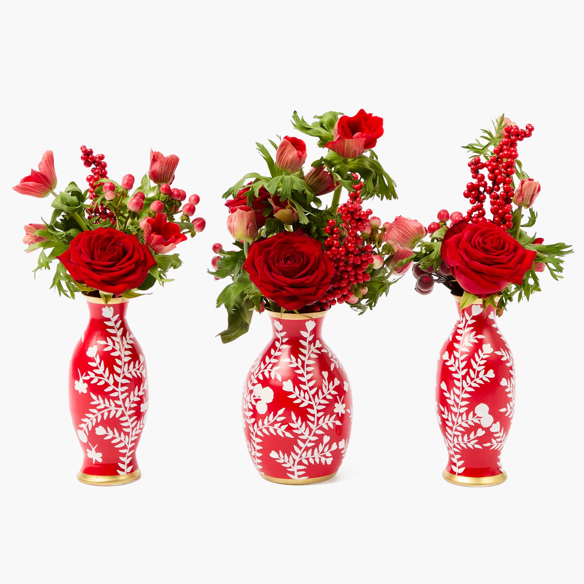 Red & Gold Hand Painted Tole Bud Vases (Set of 3)