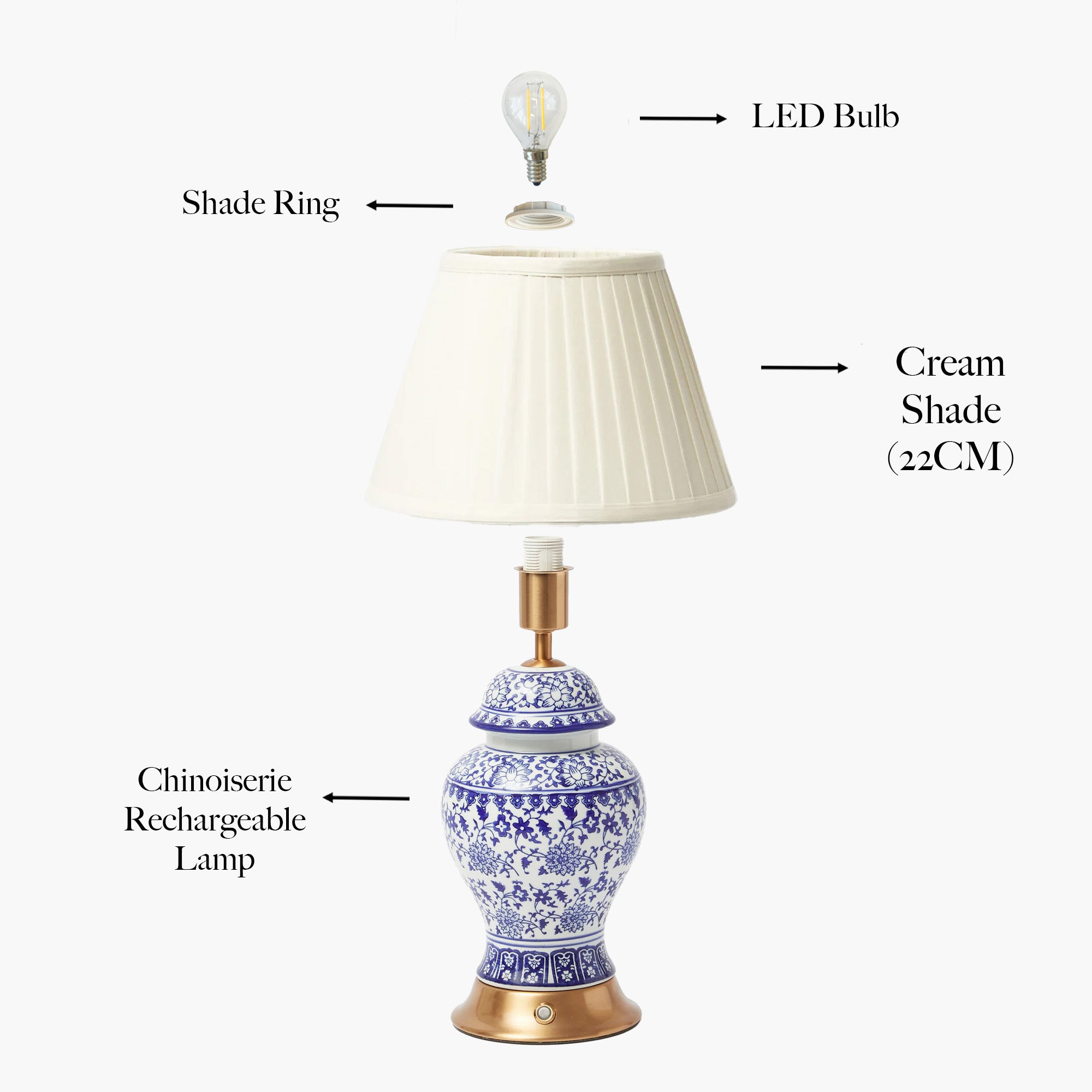 Chinoiserie Rechargeable Lamp with Cream Shade (22cm)