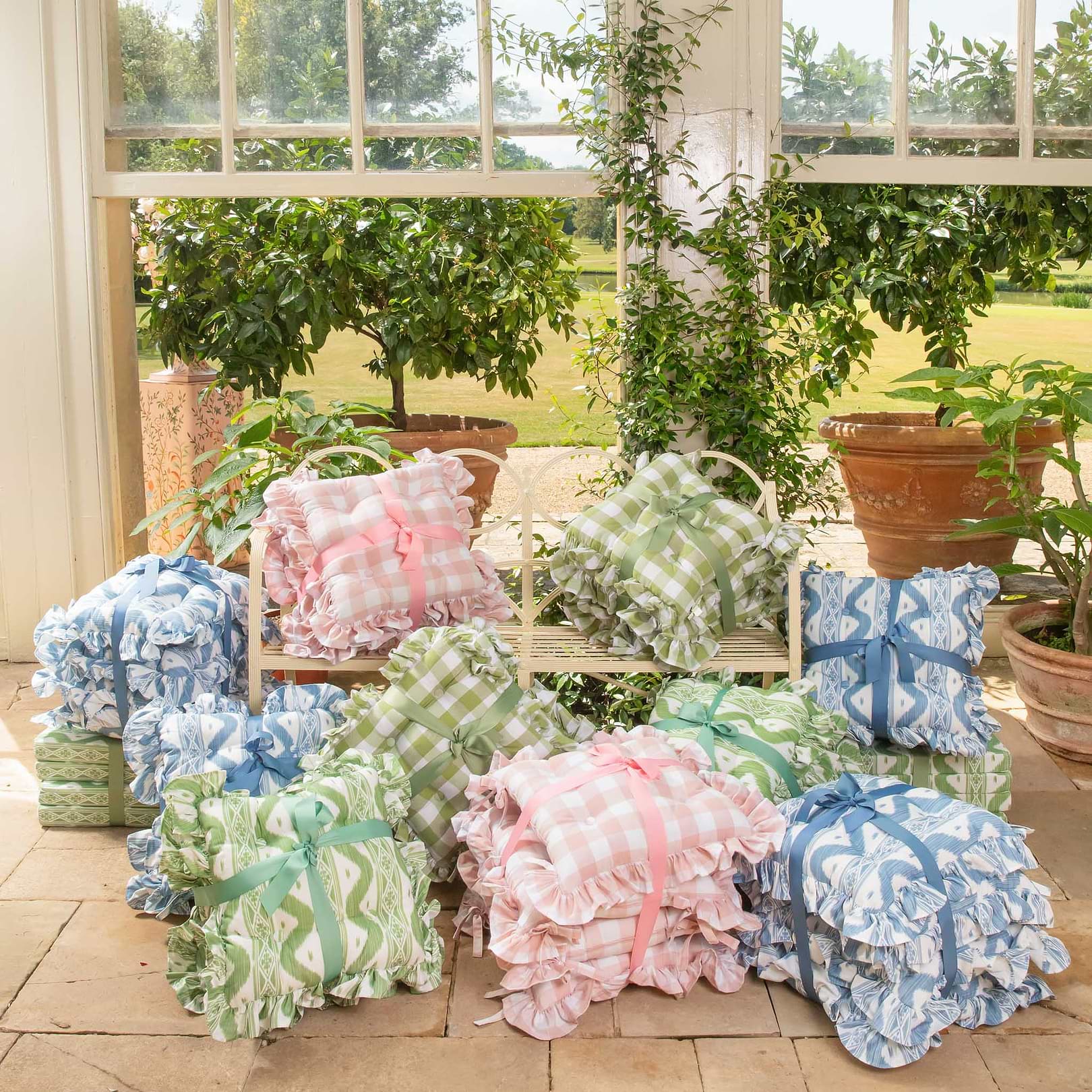 Pink Gingham Ruffle Seat Pad Cushion