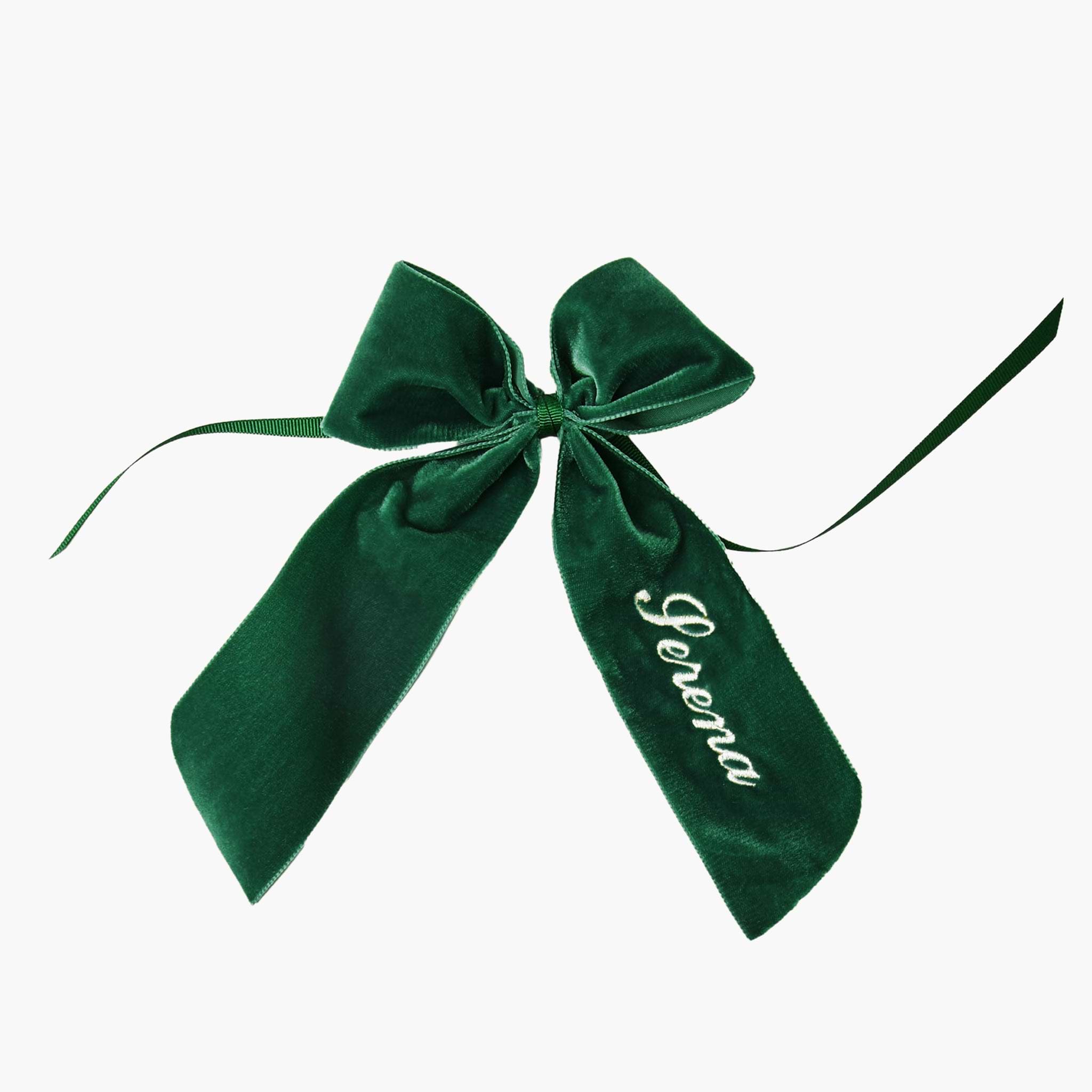 Green velvet bow with 'Forever' embroidery on a white background