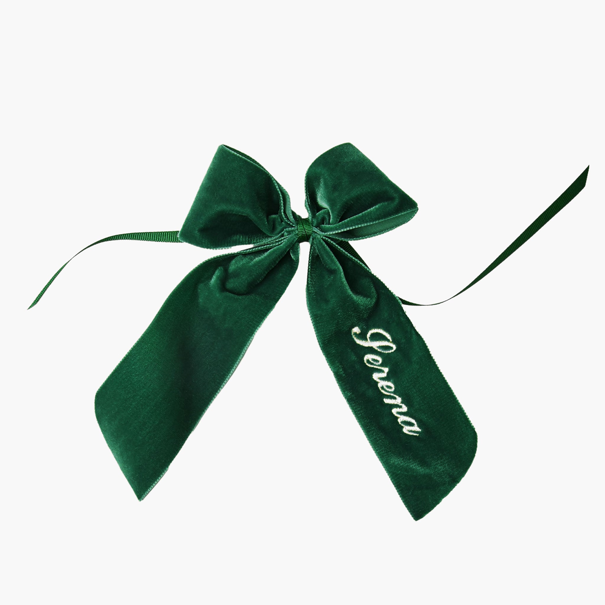 Green velvet bow with 'Forever' embroidery on a white background