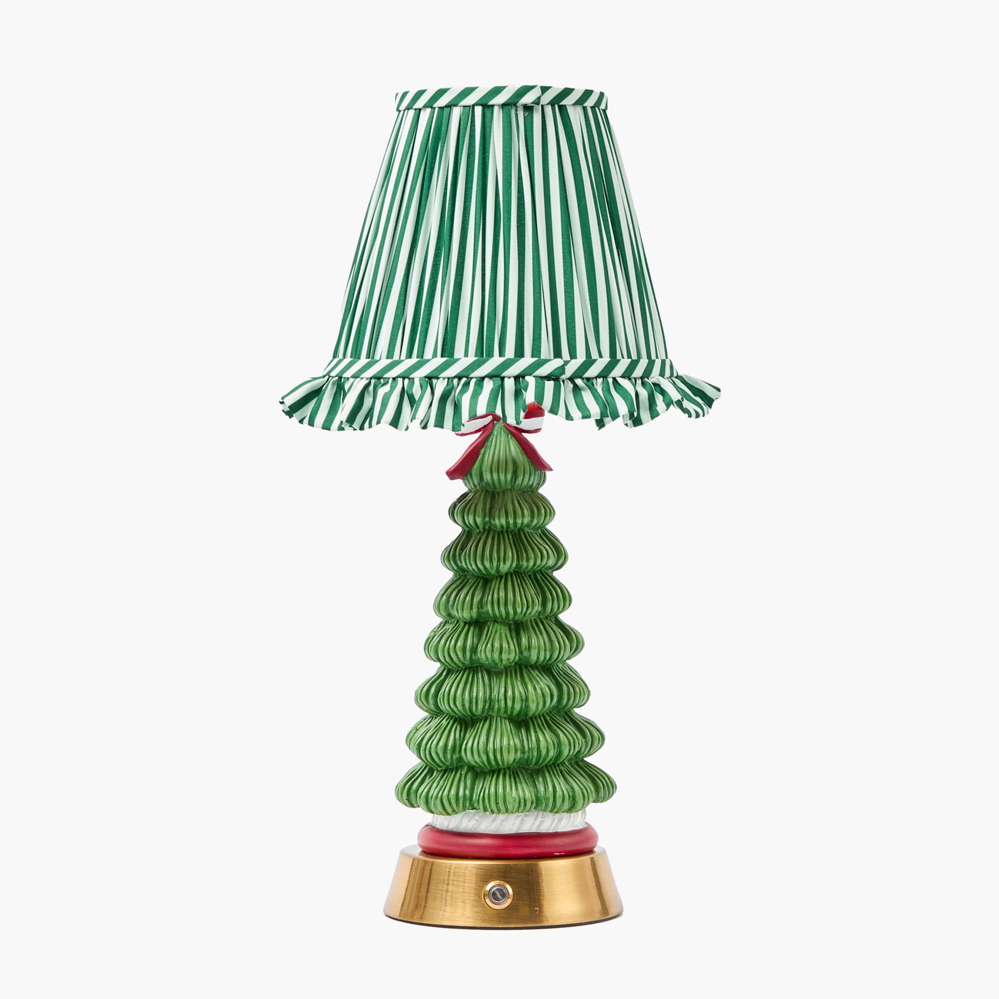 Jolly Christmas Tree Rechargeable Lamp with Forest Green Striped Ruffle Shade (18cm)