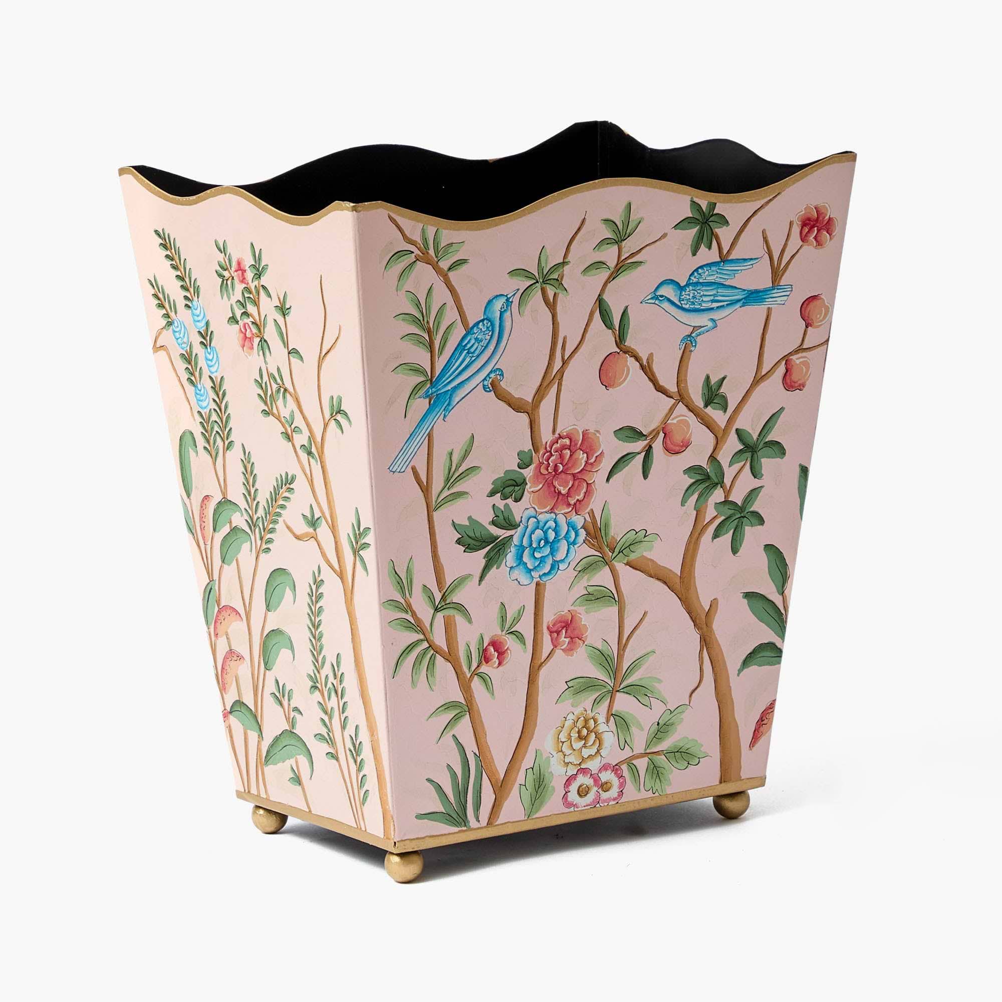 Pink Chinoiserie Tole Waste Paper Bin